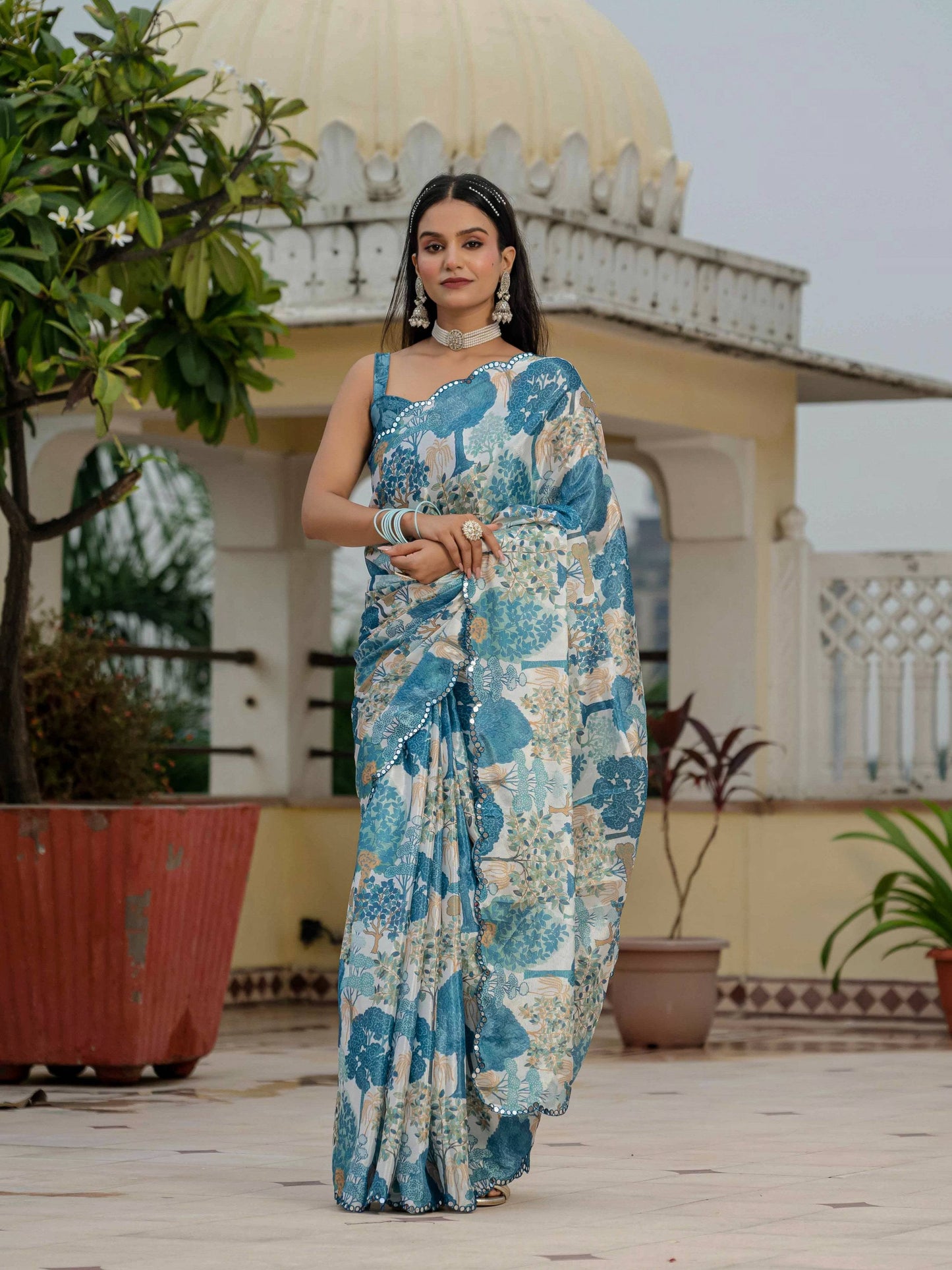 Jyoti Fashion Morpich Chinon Digital Print with Mirror Saree with Blouse | Swadesiicart