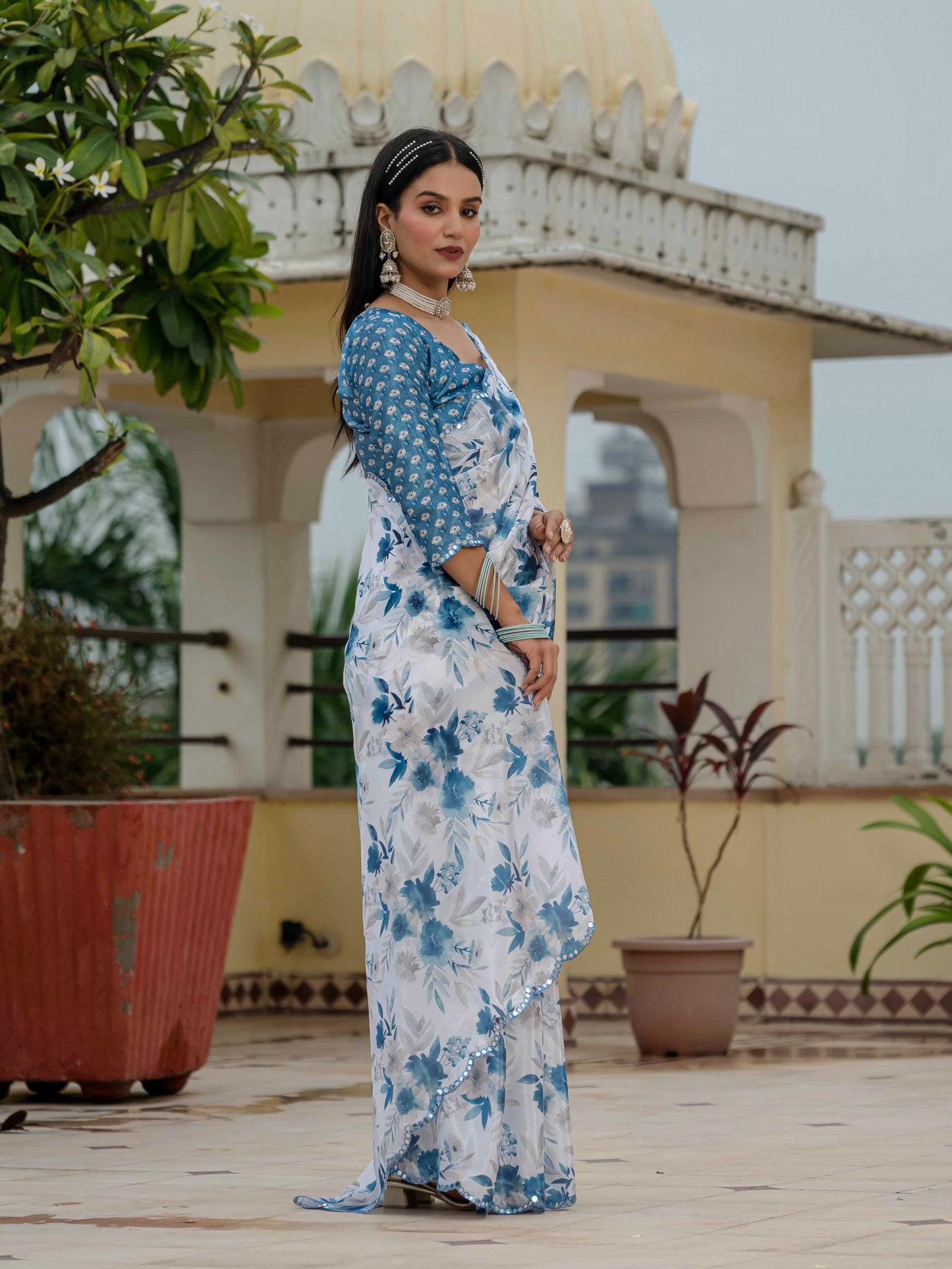 Jyoti Fashion Women's Blue Chinon Digital Print with Mirror Saree with Blouse | Swadesiicart