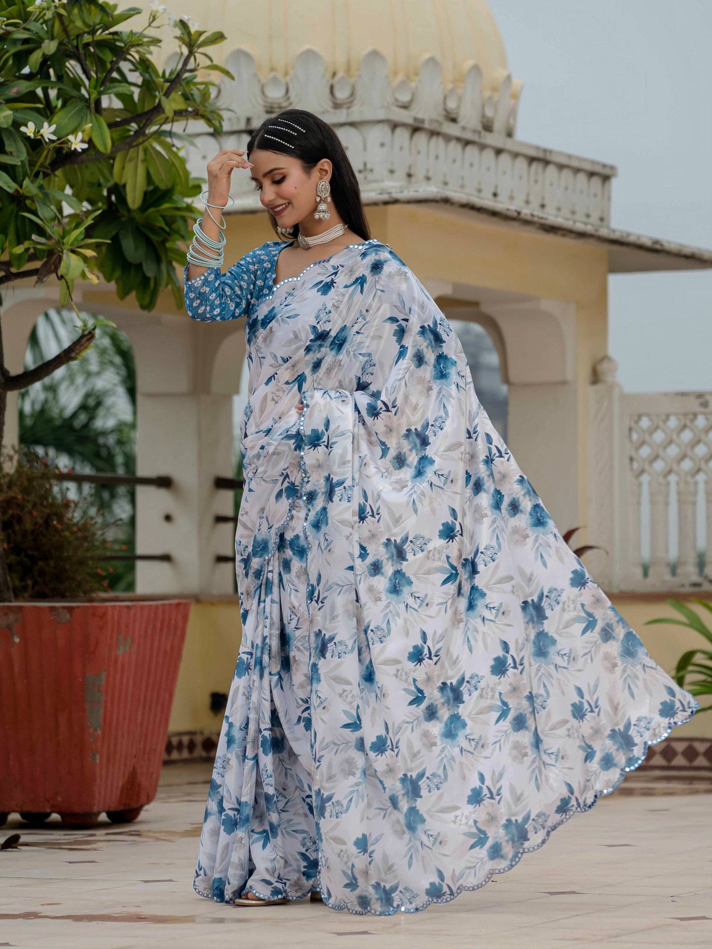 Jyoti Fashion Women's Blue Chinon Digital Print with Mirror Saree with Blouse | Swadesiicart