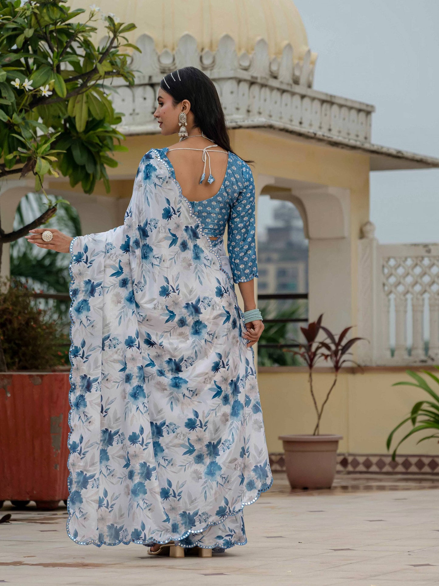 Jyoti Fashion Women's Blue Chinon Digital Print with Mirror Saree with Blouse | Swadesiicart