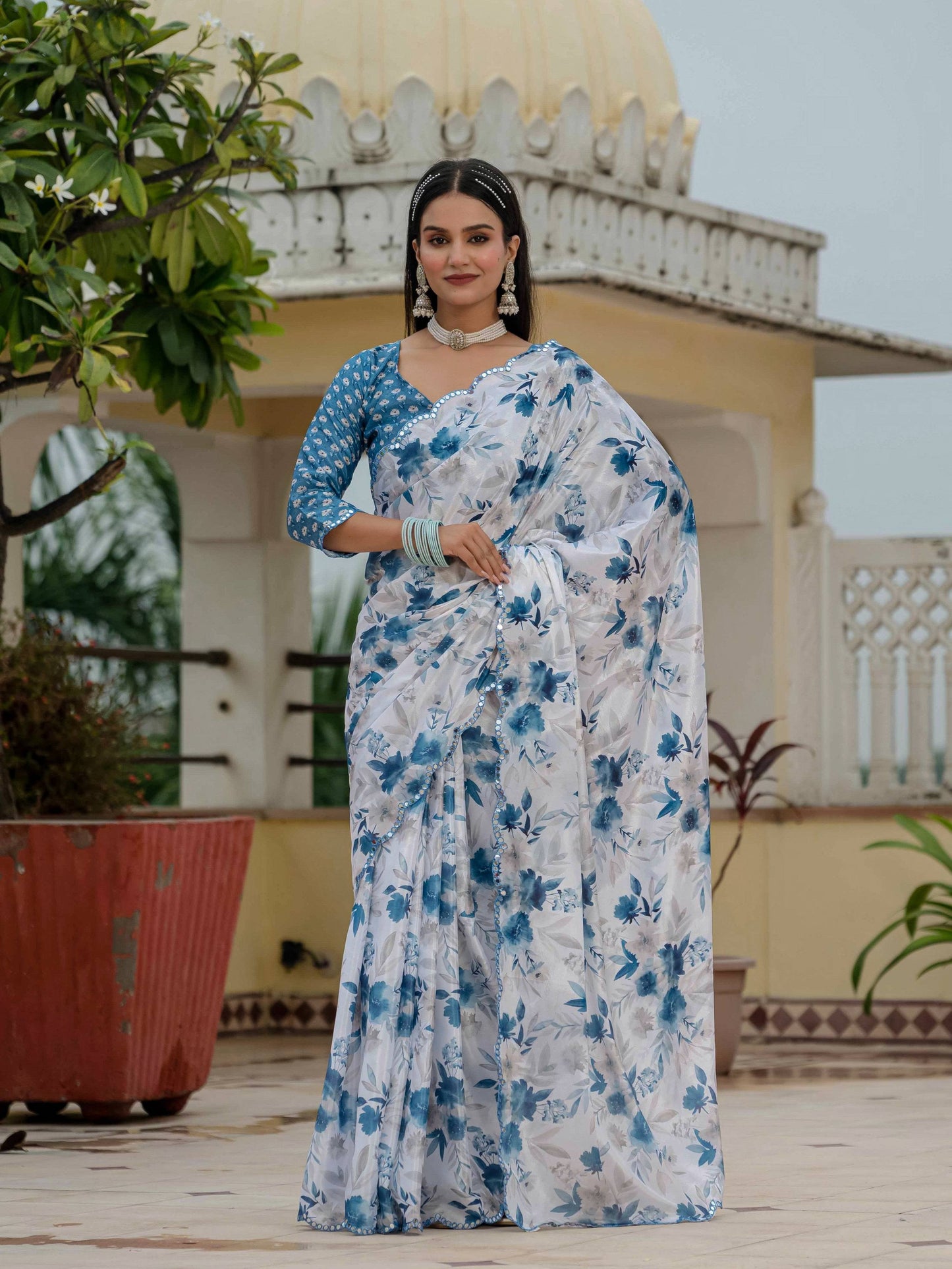 Jyoti Fashion Women's Blue Chinon Digital Print with Mirror Saree with Blouse | Swadesiicart