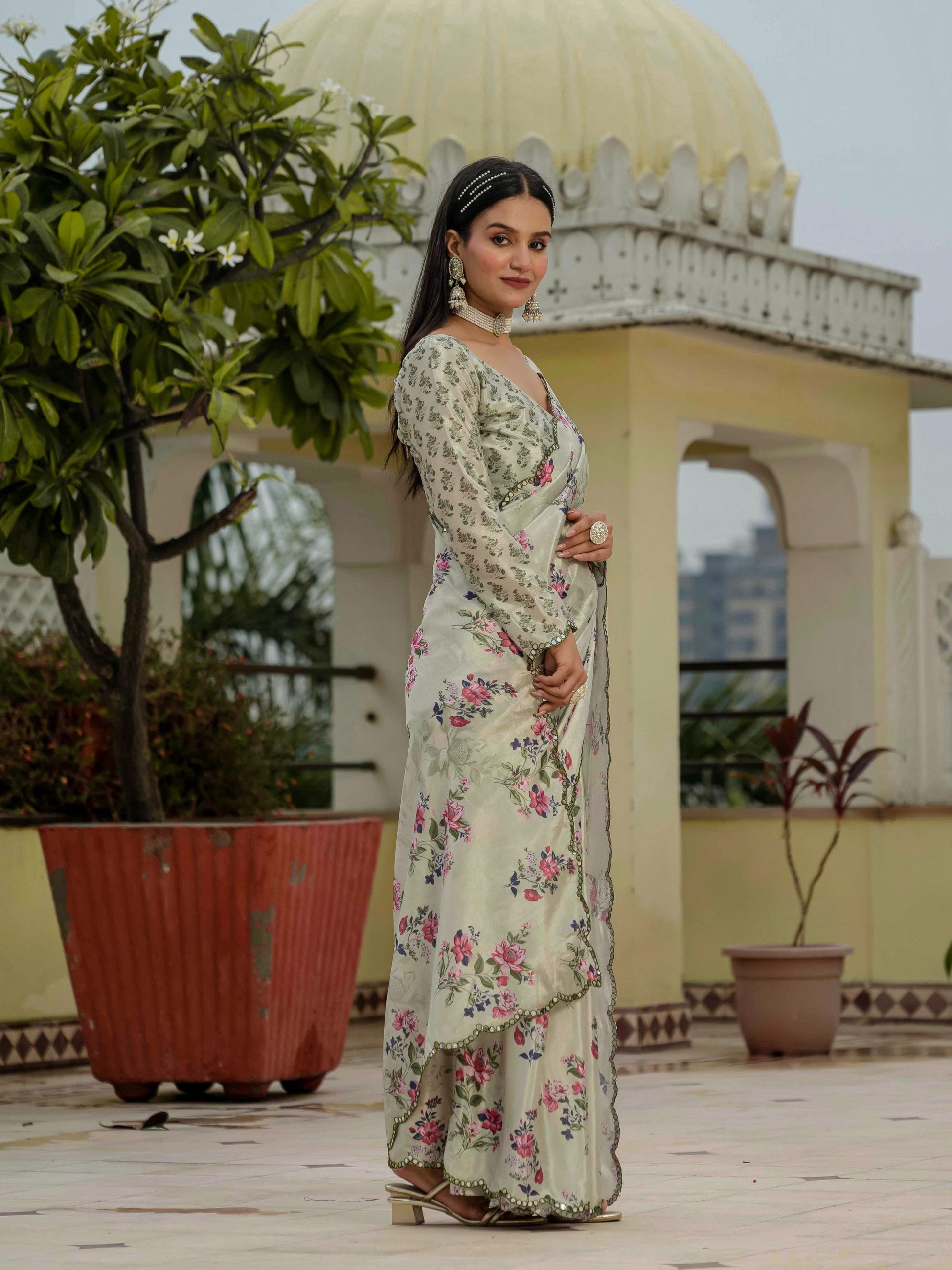 Jyoti Fashion Women's Pista Green Chinon Digital Print with Mirror Saree with Blouse | Swadesiicart