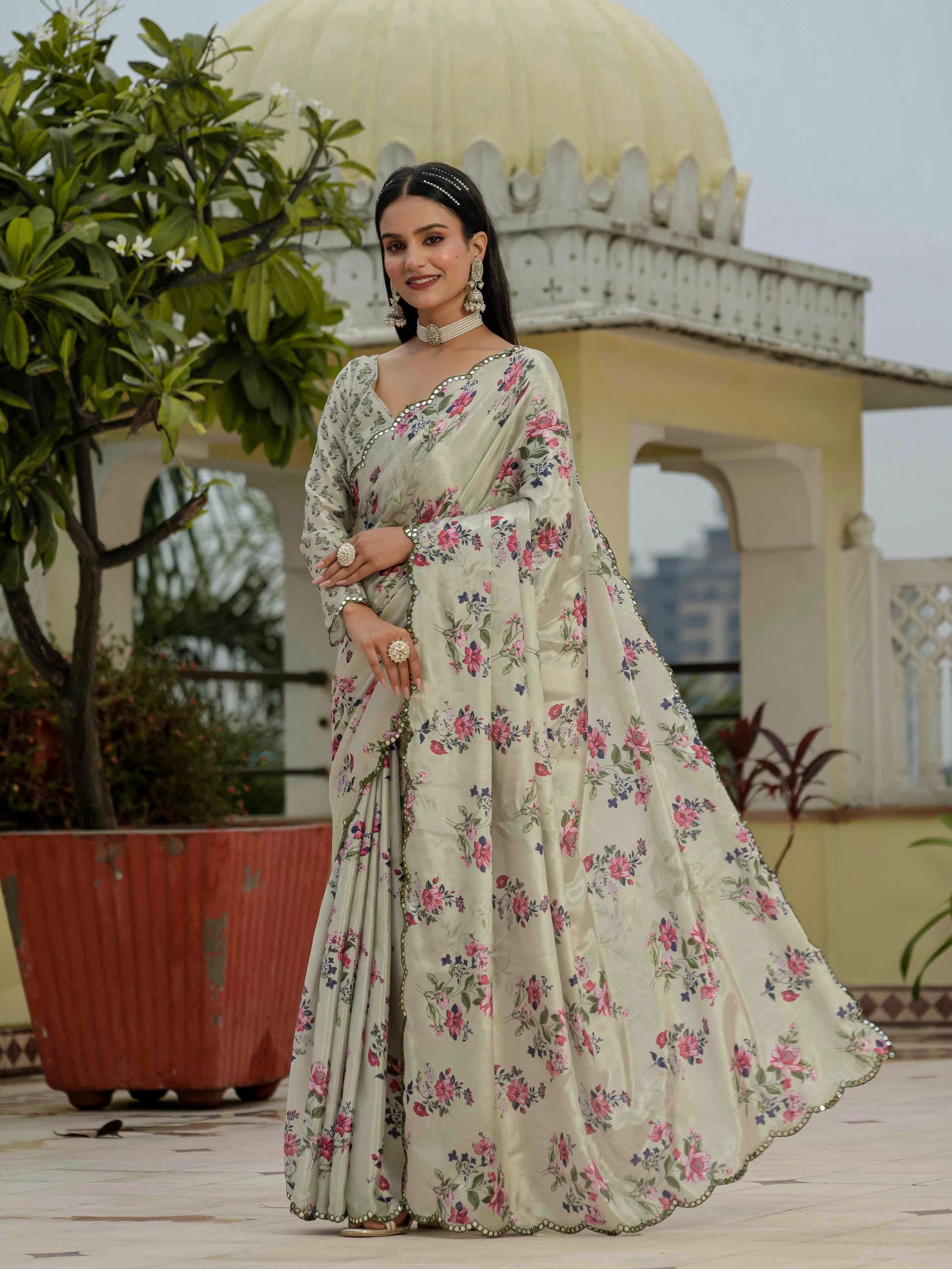 Jyoti Fashion Women's Pista Green Chinon Digital Print with Mirror Saree with Blouse | Swadesiicart