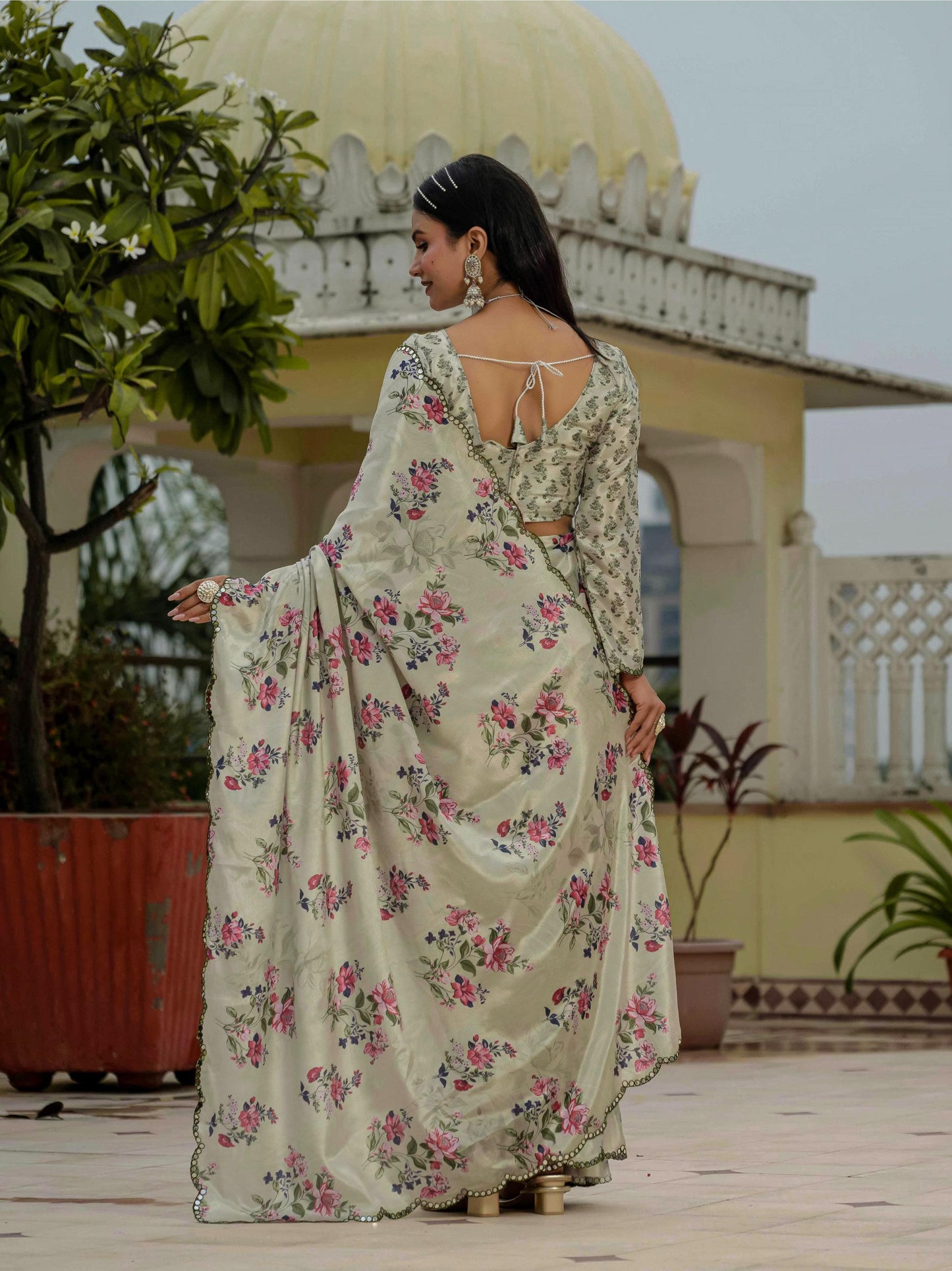 Jyoti Fashion Women's Pista Green Chinon Digital Print with Mirror Saree with Blouse | Swadesiicart
