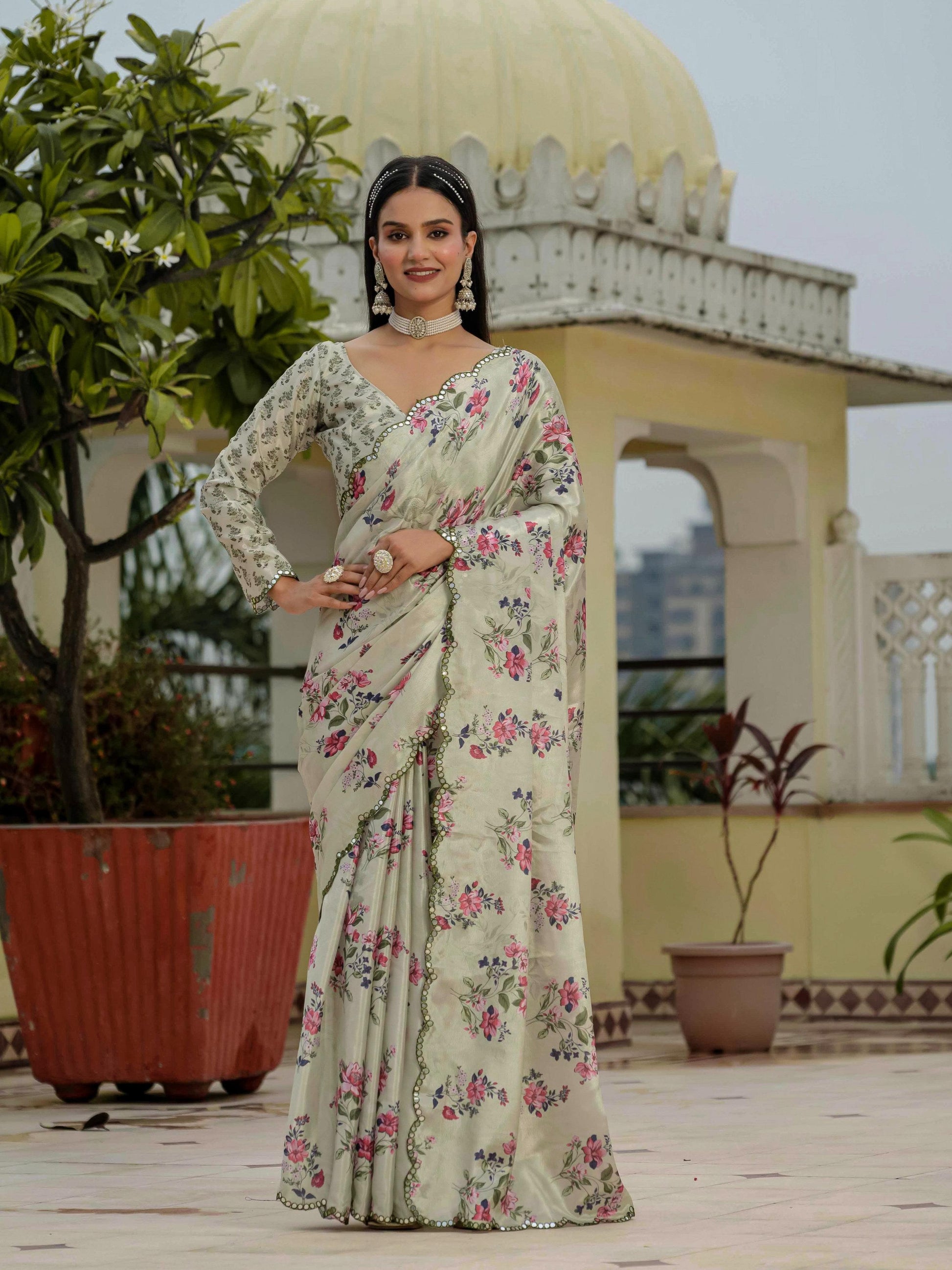 Jyoti Fashion Women's Pista Green Chinon Digital Print with Mirror Saree with Blouse | Swadesiicart