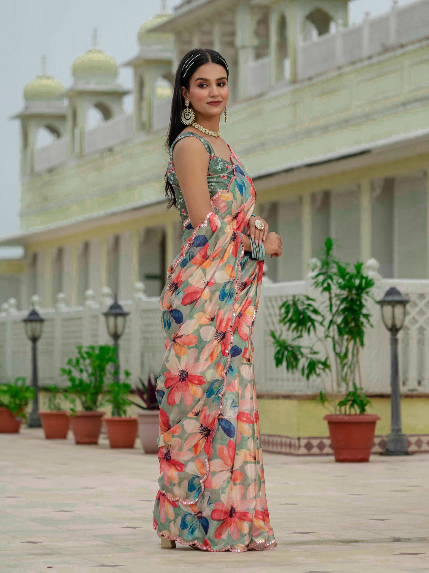 Jyoti Fashion Women's Multicolor Chinon Digital Print with Mirror Saree with Blouse | Swadesiicart
