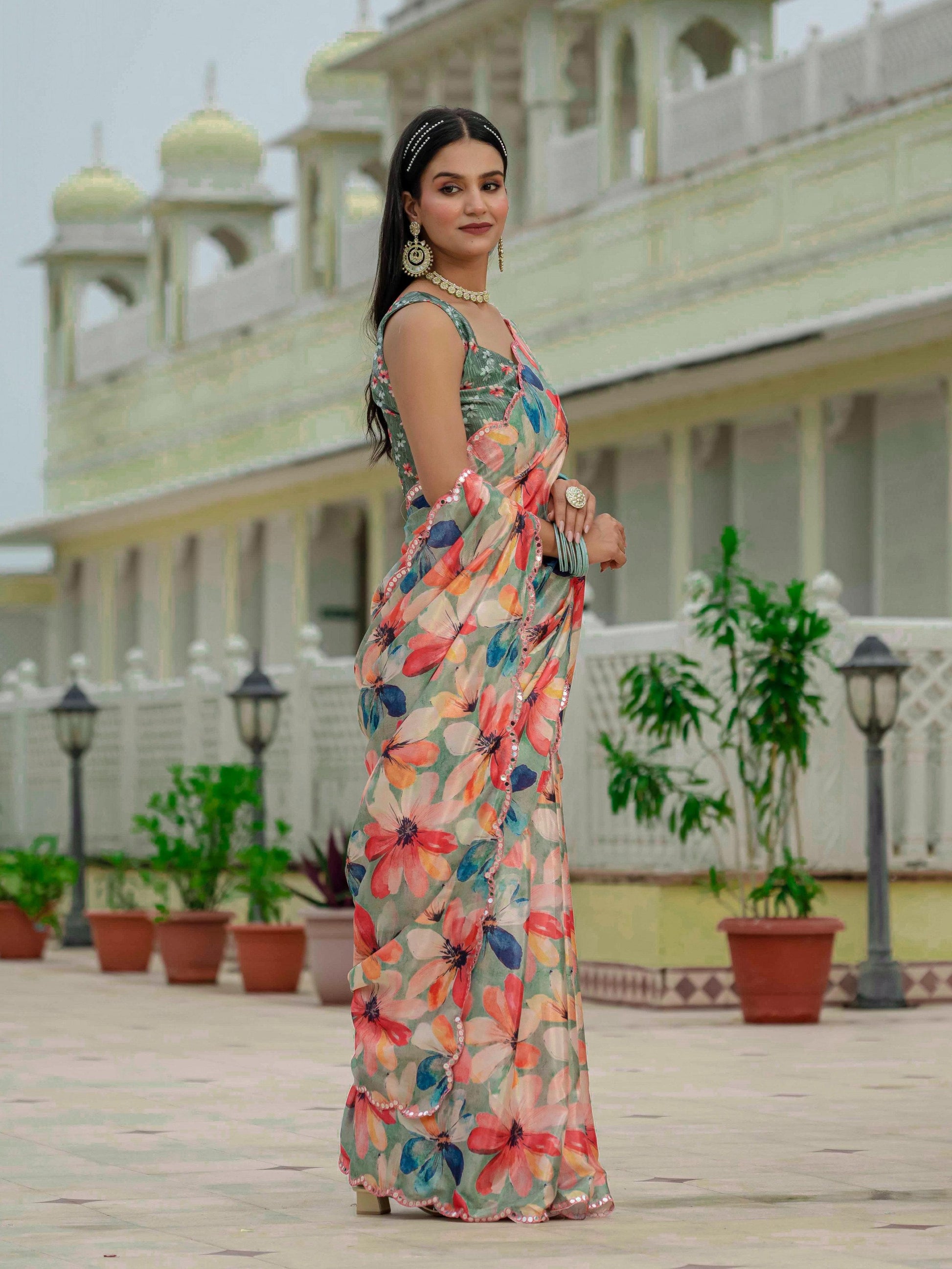 Jyoti Fashion Women's Multicolor Chinon Digital Print with Mirror Saree with Blouse | Swadesiicart