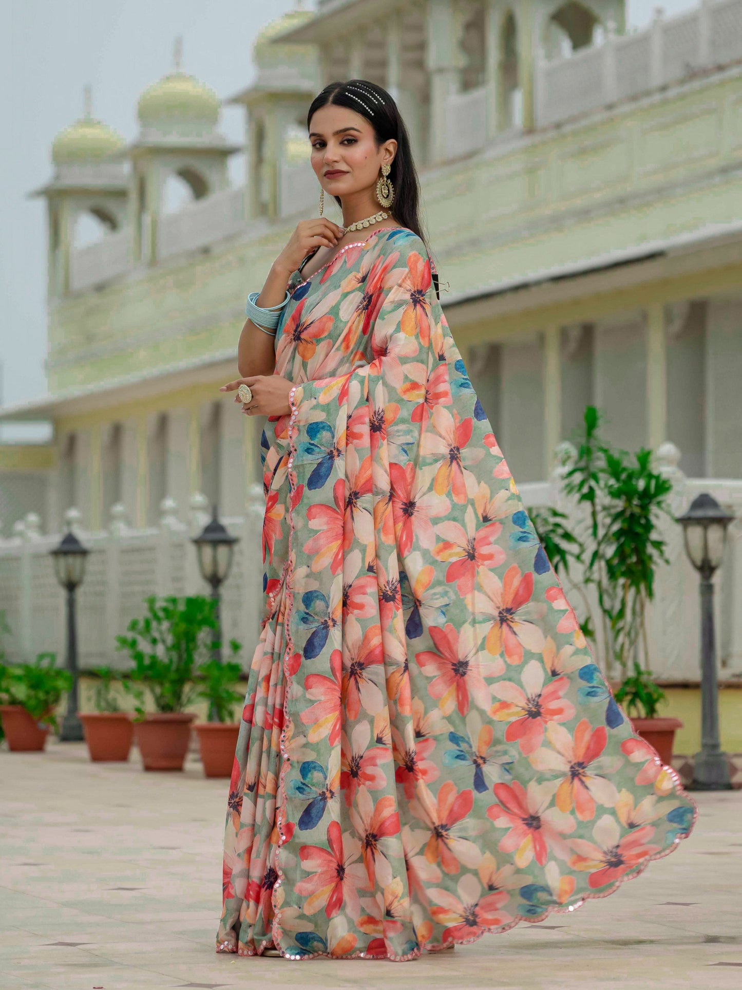 Jyoti Fashion Women's Multicolor Chinon Digital Print with Mirror Saree with Blouse | Swadesiicart