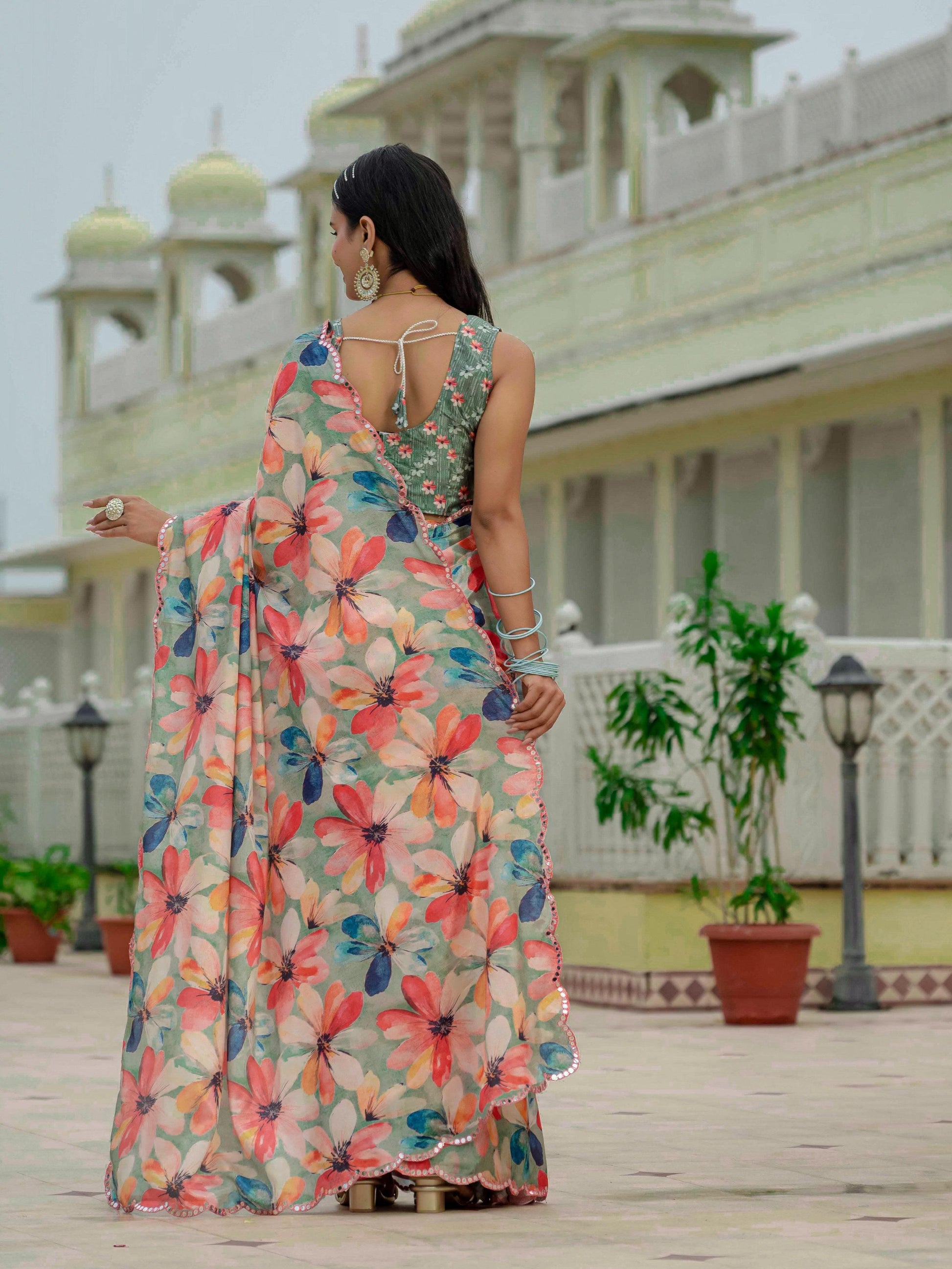 Jyoti Fashion Women's Multicolor Chinon Digital Print with Mirror Saree with Blouse | Swadesiicart