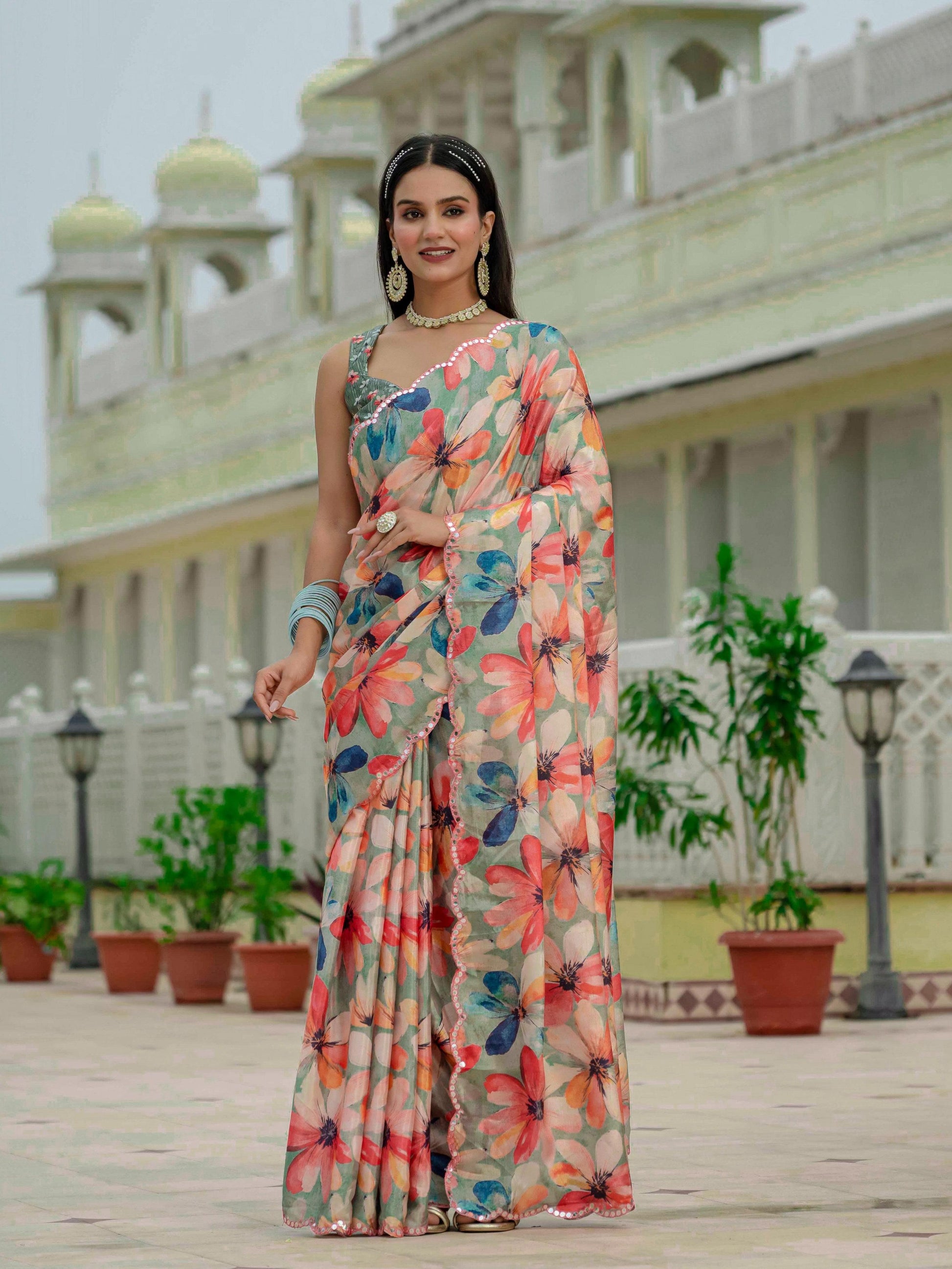 Jyoti Fashion Women's Multicolor Chinon Digital Print with Mirror Saree with Blouse | Swadesiicart