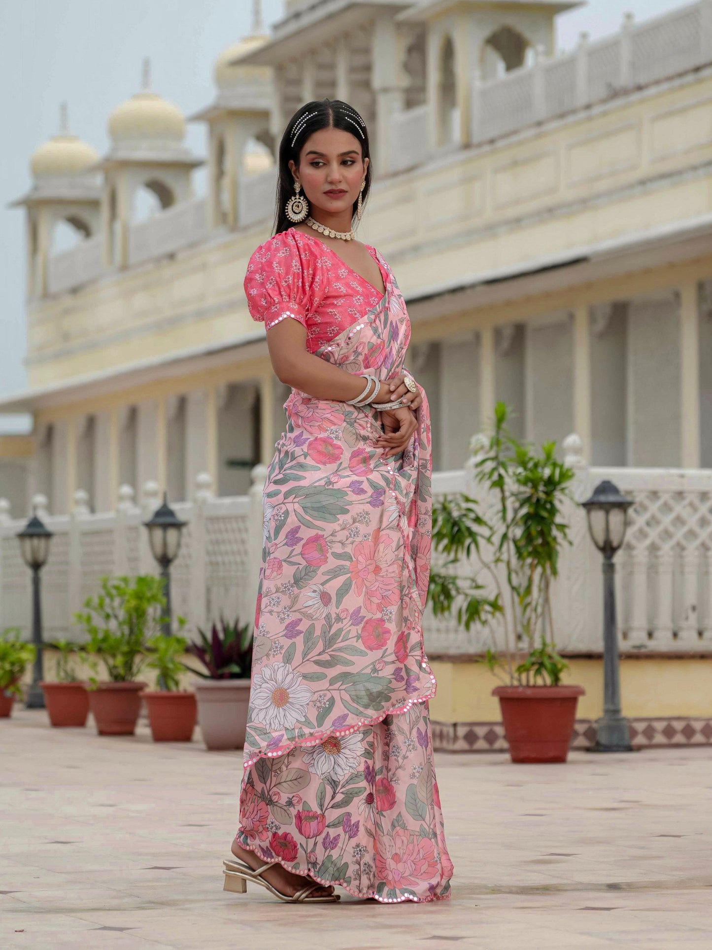 Jyoti Fashion Women's Multicolor Chinon Digital Print with Mirror Saree with Blouse | Swadesiicart