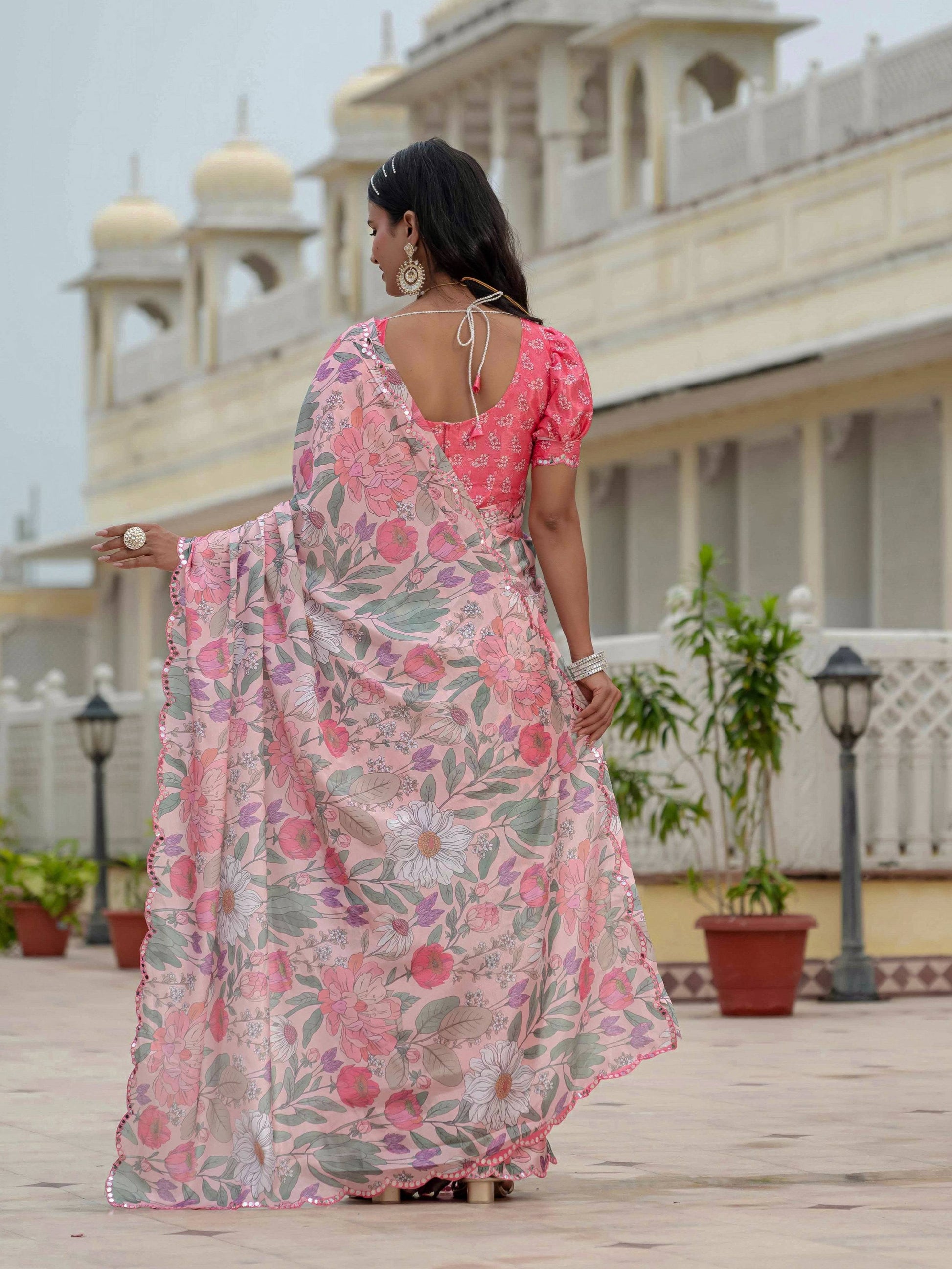 Jyoti Fashion Women's Multicolor Chinon Digital Print with Mirror Saree with Blouse | Swadesiicart
