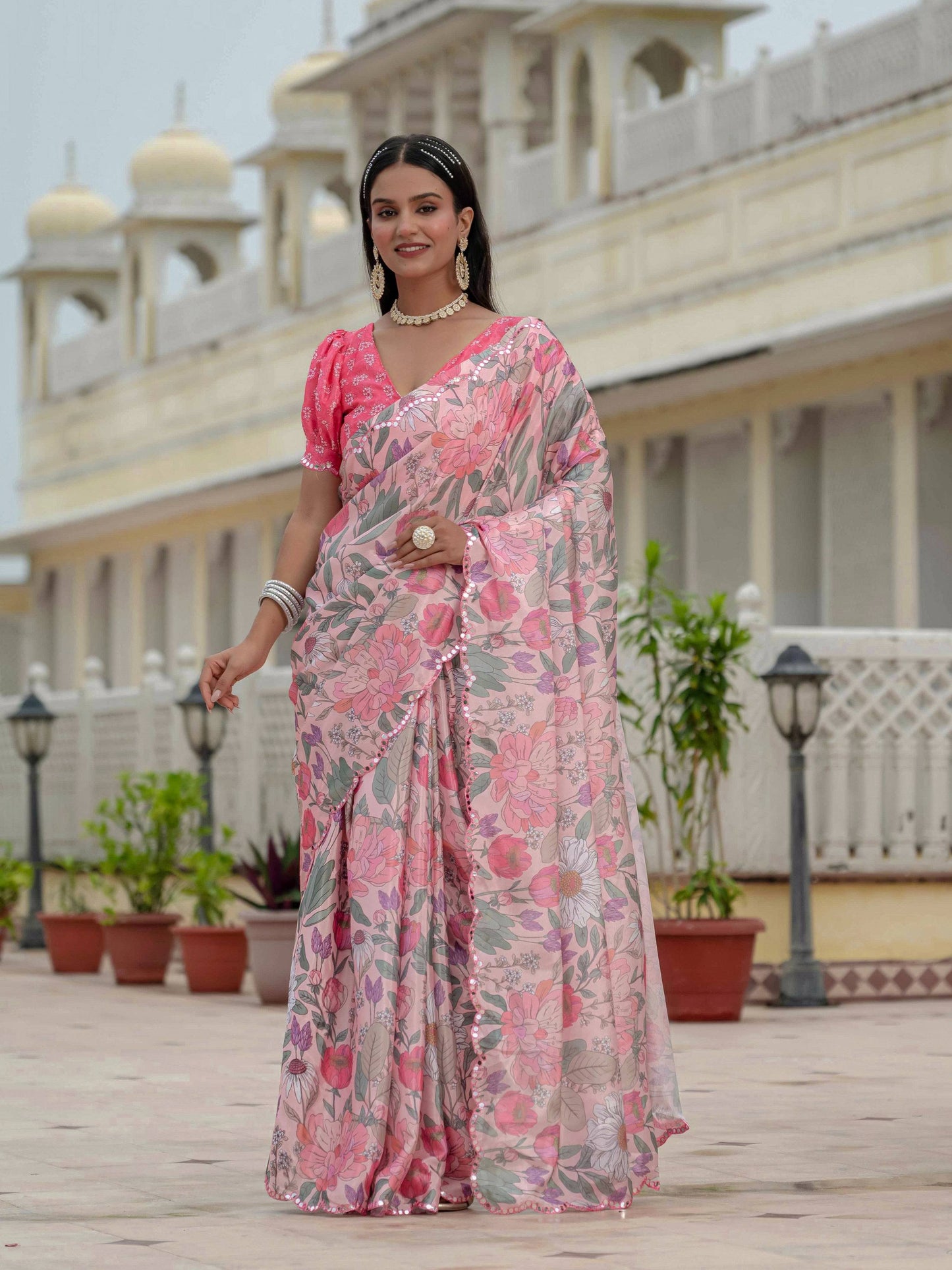 Jyoti Fashion Women's Multicolor Chinon Digital Print with Mirror Saree with Blouse | Swadesiicart