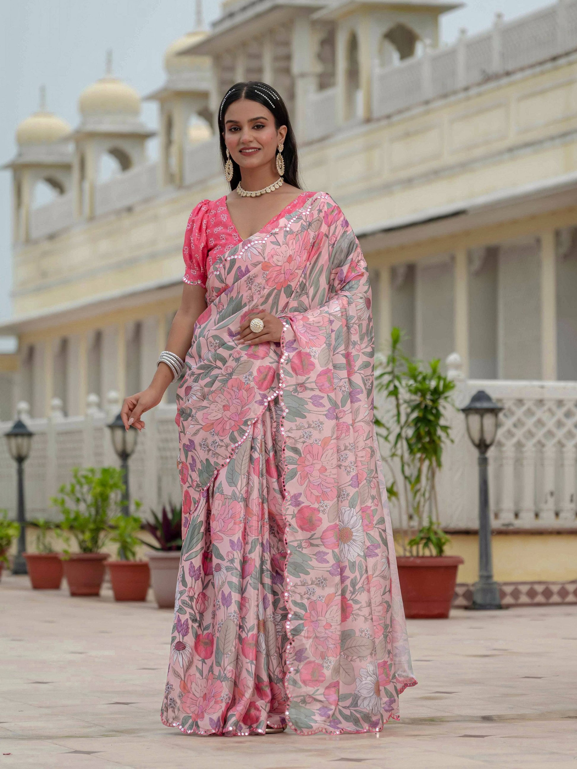 Jyoti Fashion Women's Multicolor Chinon Digital Print with Mirror Saree with Blouse | Swadesiicart
