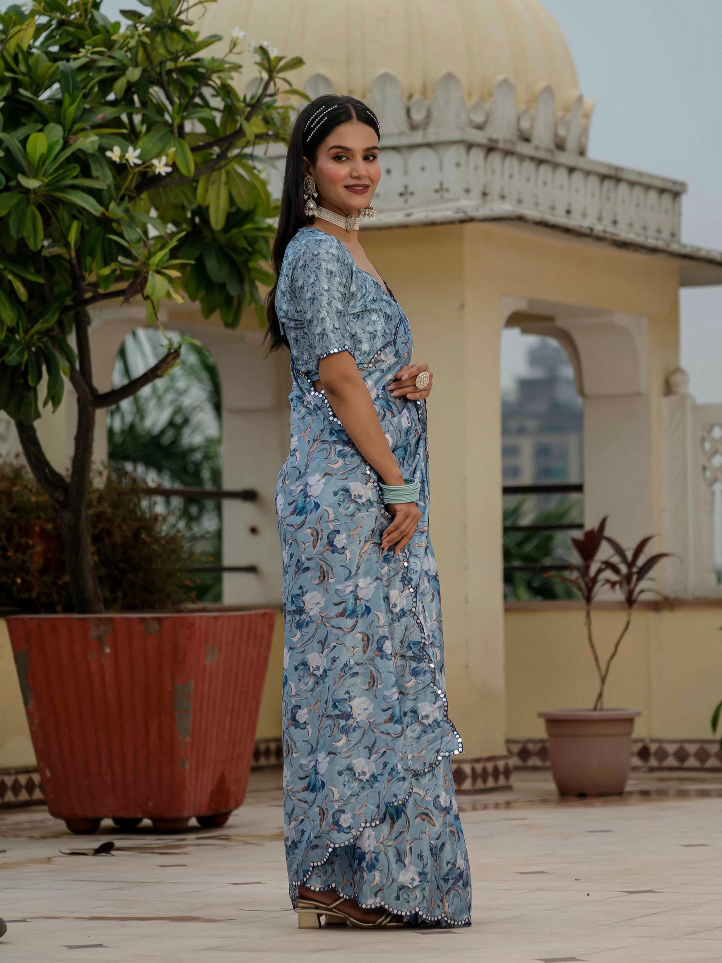 Jyoti Fashion Women's Sky Blue Chinon Digital Print with Mirror Saree with Blouse | Swadesiicart