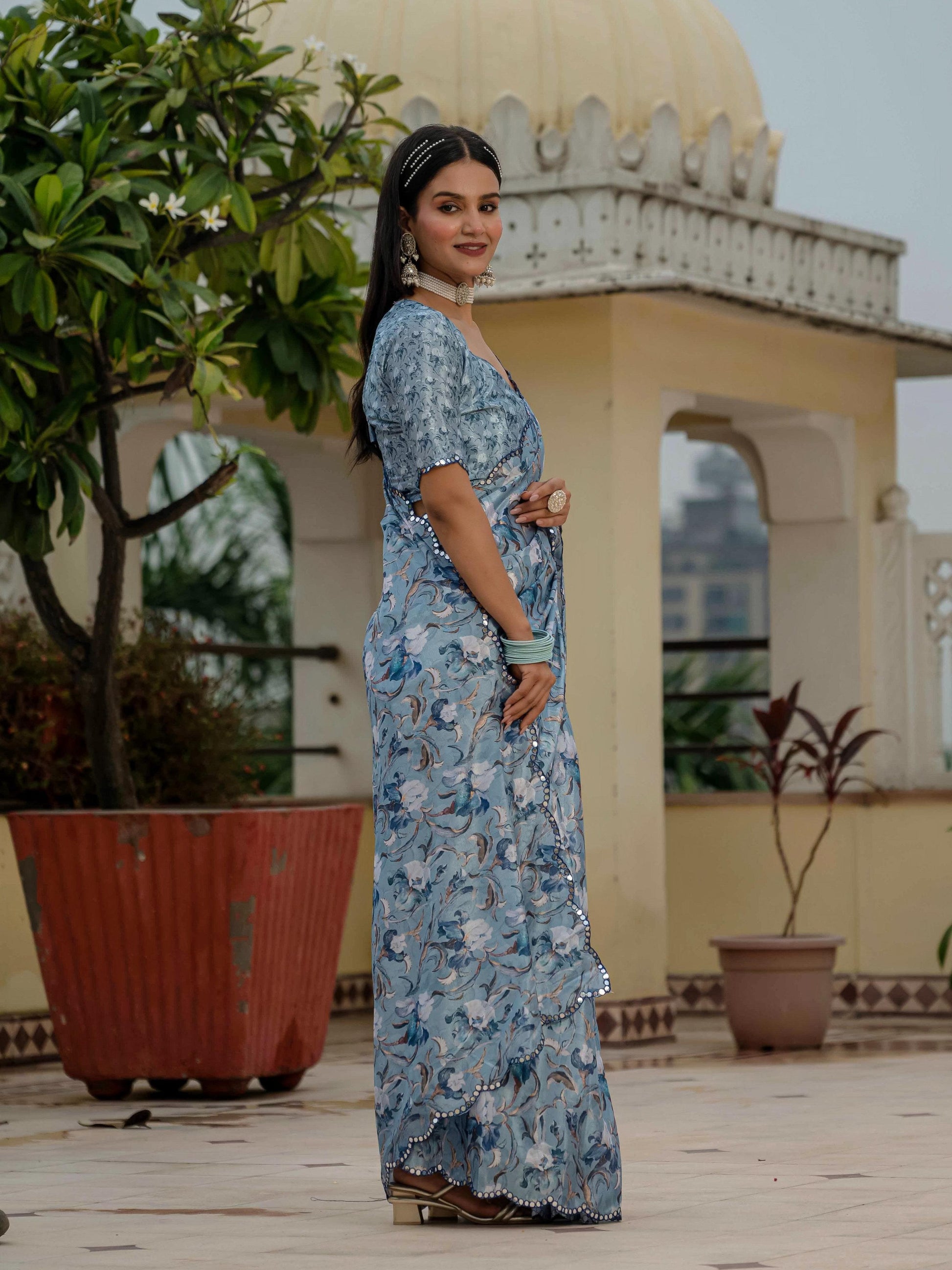 Jyoti Fashion Women's Sky Blue Chinon Digital Print with Mirror Saree with Blouse | Swadesiicart