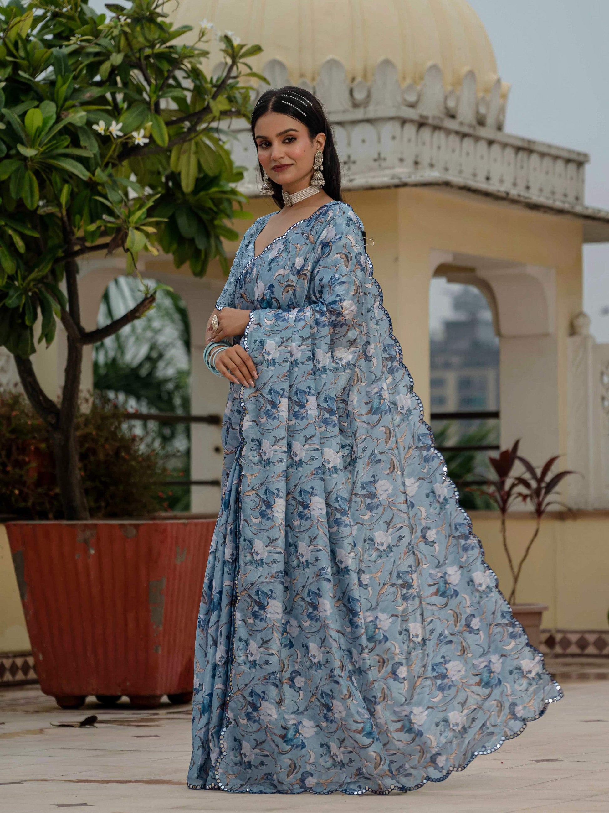Jyoti Fashion Women's Sky Blue Chinon Digital Print with Mirror Saree with Blouse | Swadesiicart