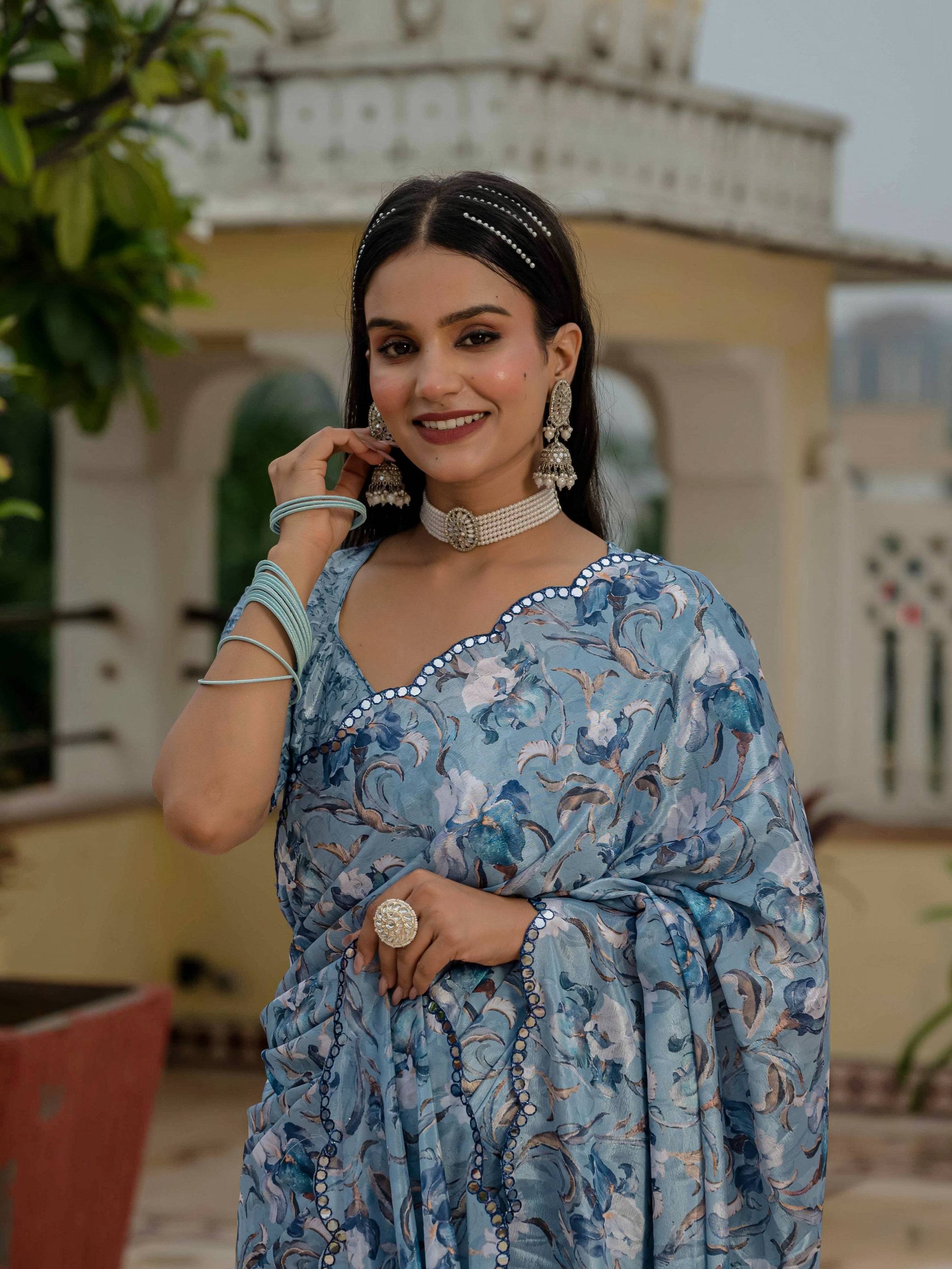 Jyoti Fashion Women's Sky Blue Chinon Digital Print with Mirror Saree with Blouse | Swadesiicart