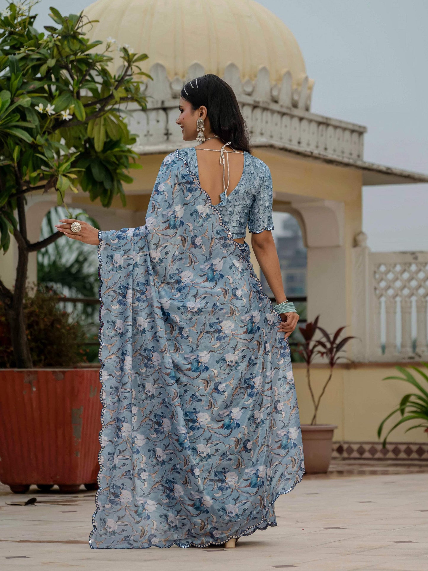 Jyoti Fashion Women's Sky Blue Chinon Digital Print with Mirror Saree with Blouse | Swadesiicart