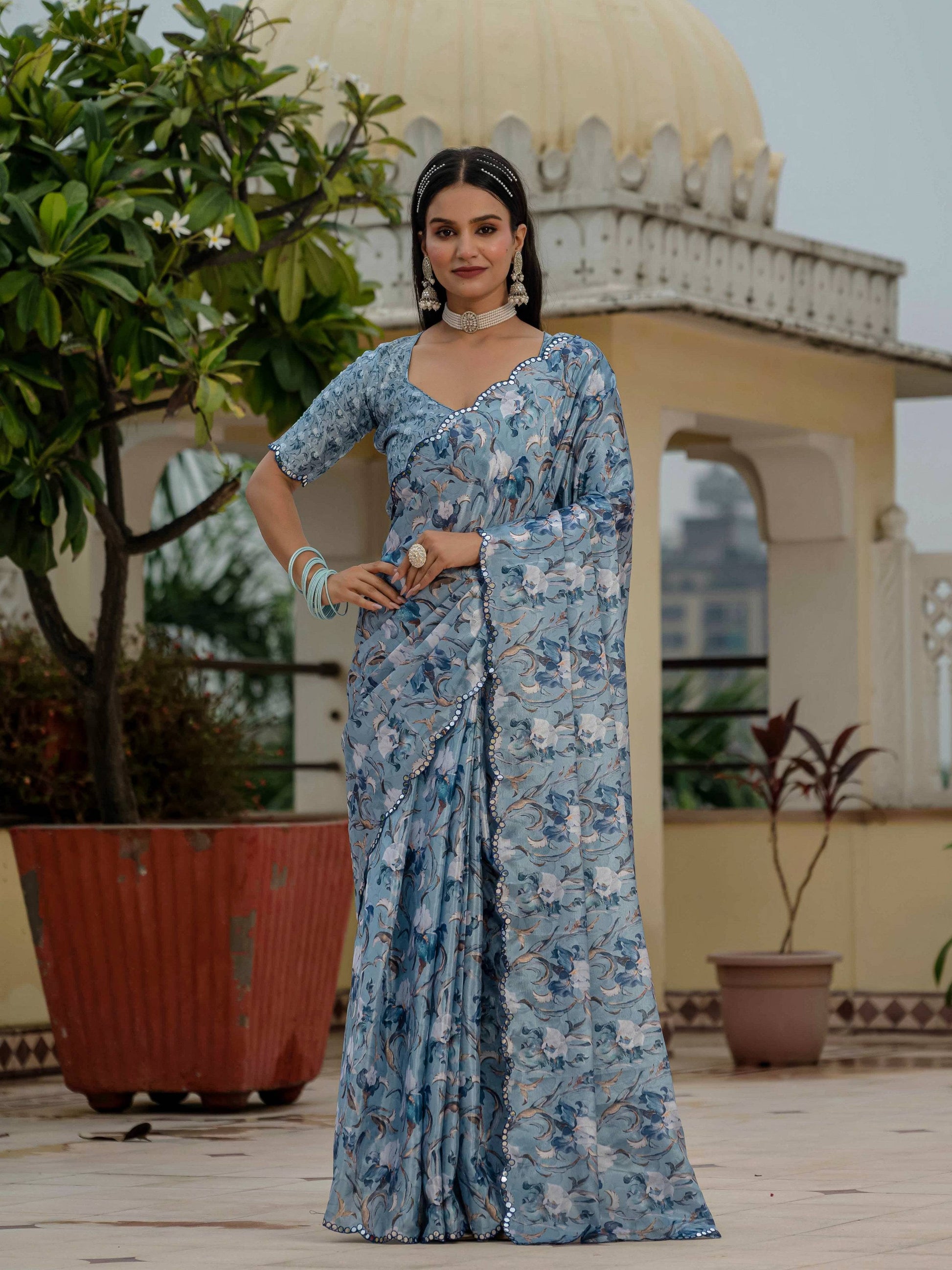 Jyoti Fashion Women's Sky Blue Chinon Digital Print with Mirror Saree with Blouse | Swadesiicart