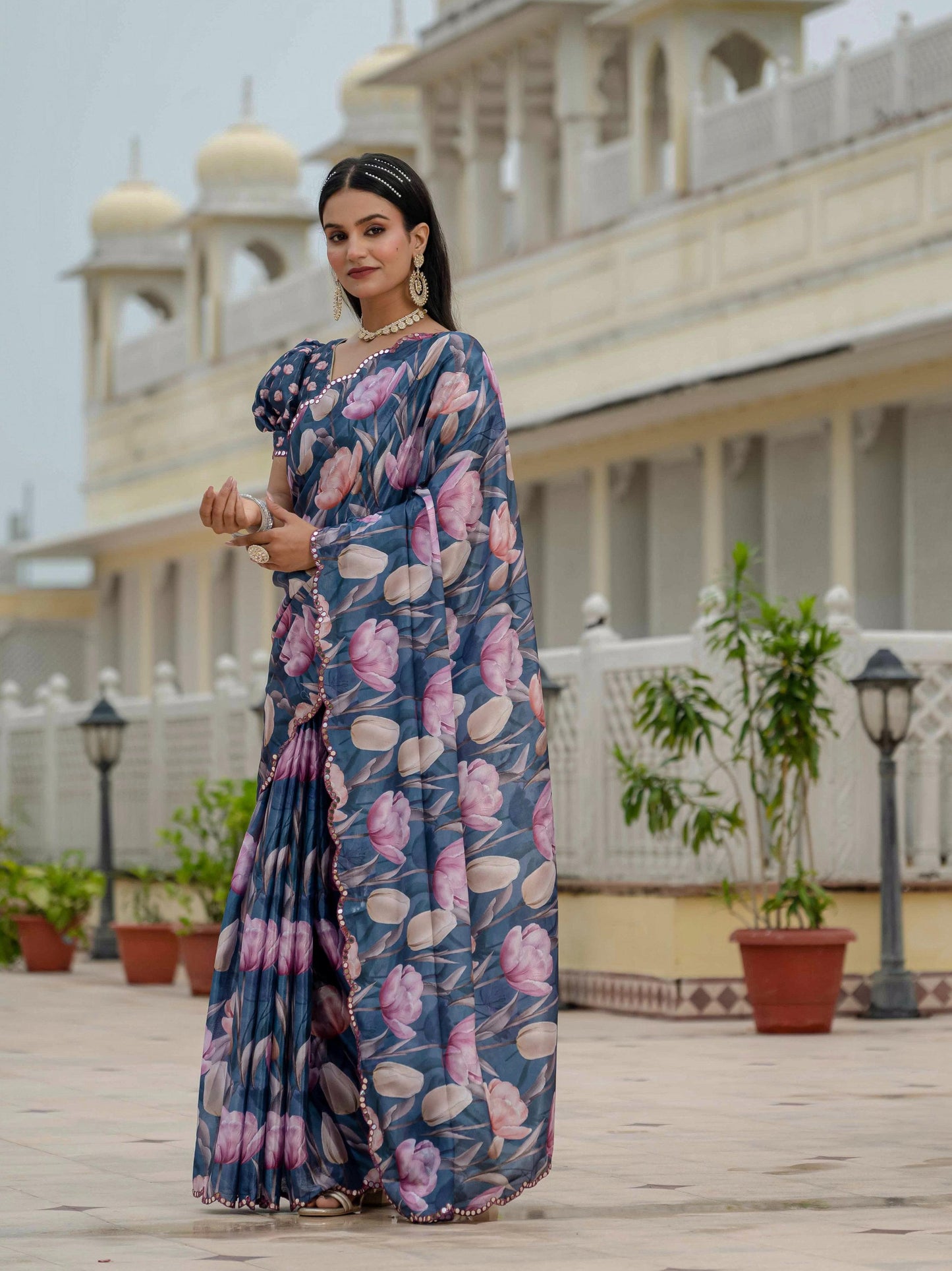 Jyoti Fashion Women's Navy Blue Chinon Digital Print with Mirror Saree with Blouse | Swadesiicart