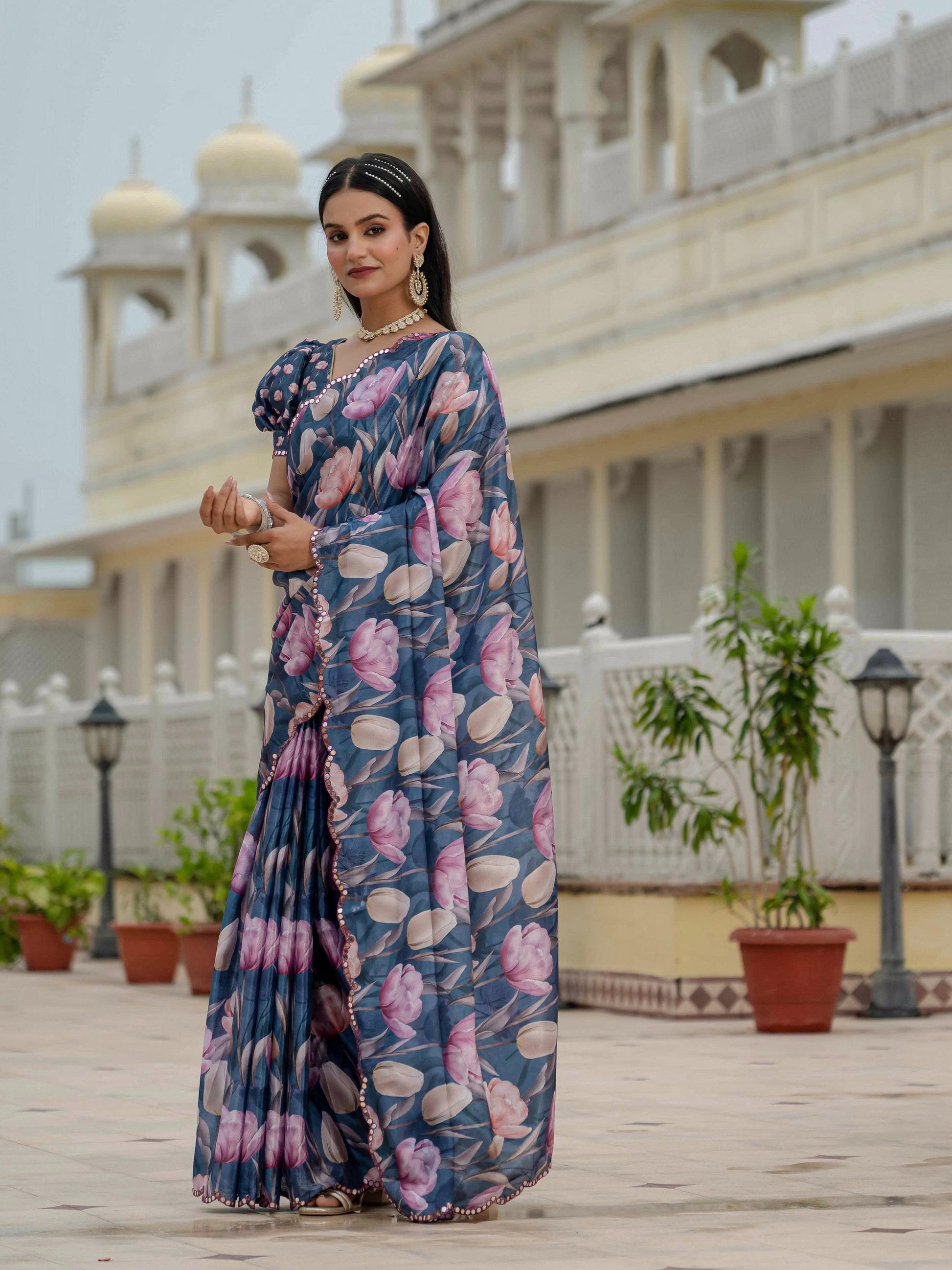 Jyoti Fashion Women's Navy Blue Chinon Digital Print with Mirror Saree with Blouse | Swadesiicart