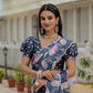 Jyoti Fashion Women's Navy Blue Chinon Digital Print with Mirror Saree with Blouse | Swadesiicart