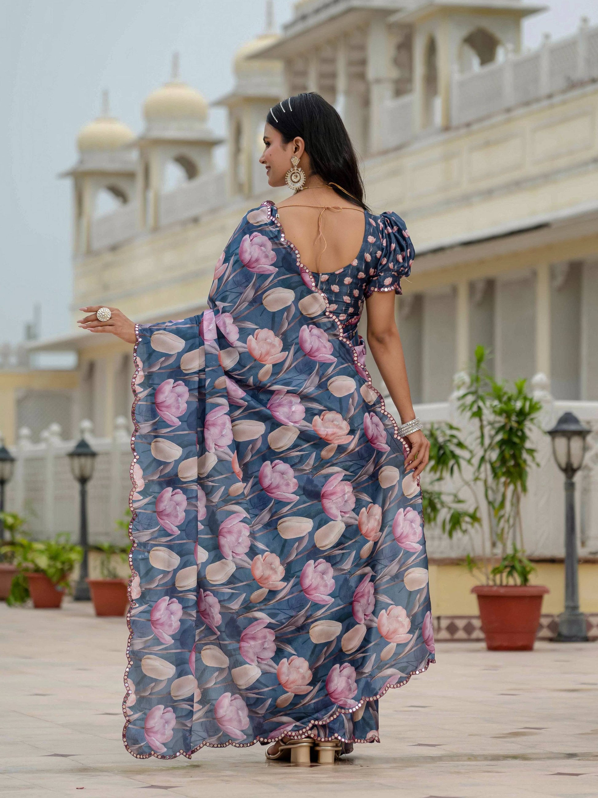 Jyoti Fashion Women's Navy Blue Chinon Digital Print with Mirror Saree with Blouse | Swadesiicart