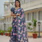 Jyoti Fashion Women's Navy Blue Chinon Digital Print with Mirror Saree with Blouse | Swadesiicart