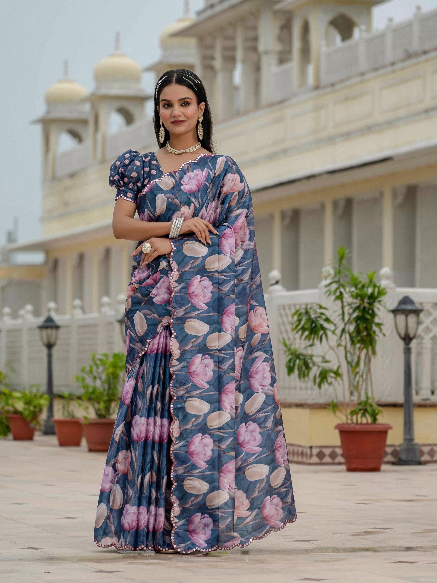 Jyoti Fashion Women's Navy Blue Chinon Digital Print with Mirror Saree with Blouse | Swadesiicart