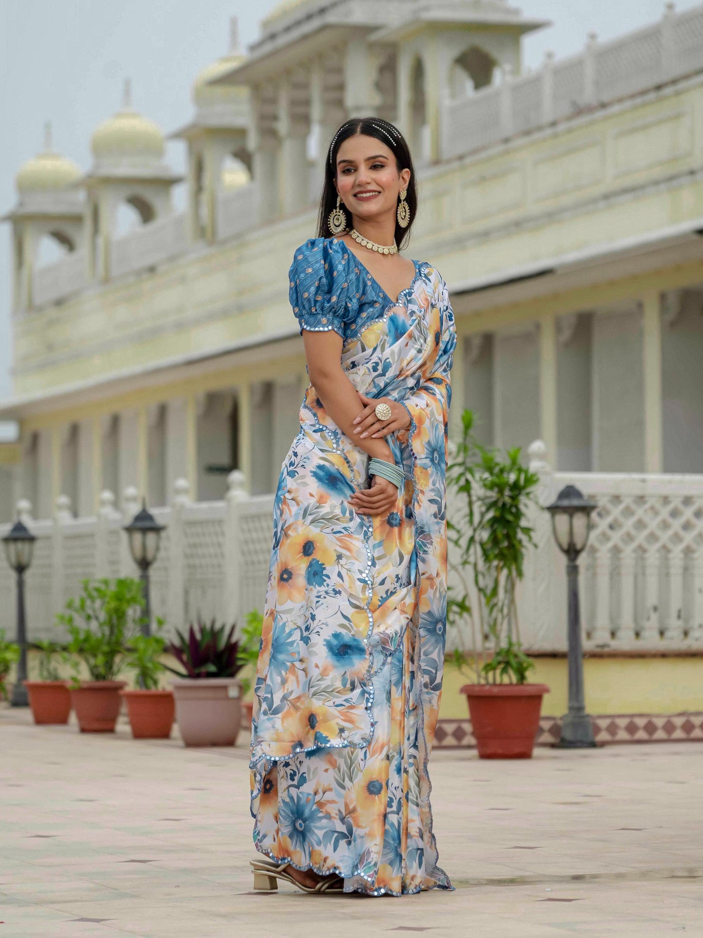 Jyoti Fashion Women's Multicolor Chinon Digital Print with Mirror Saree with Blouse | Swadesiicart