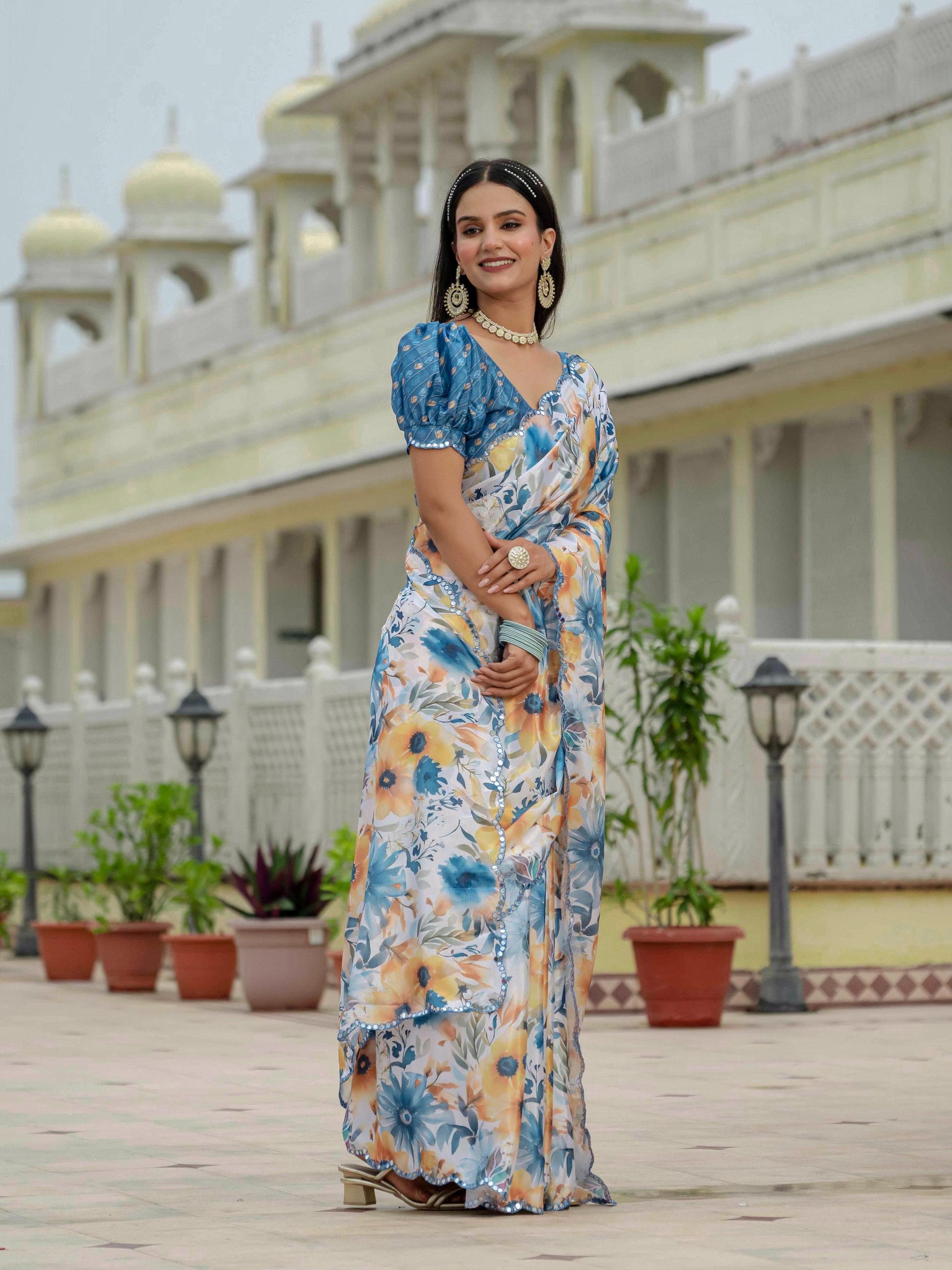 Jyoti Fashion Women's Multicolor Chinon Digital Print with Mirror Saree with Blouse | Swadesiicart