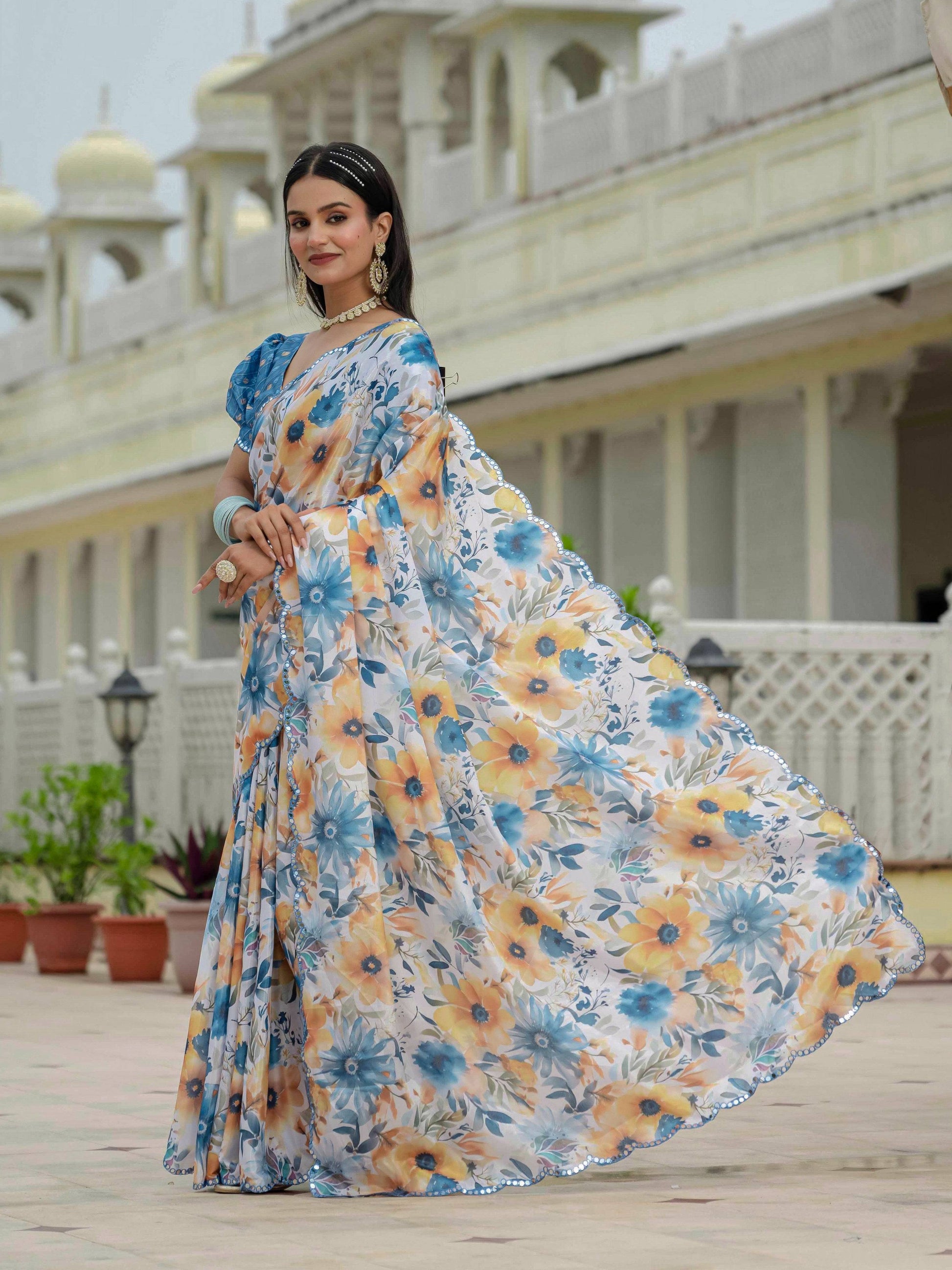 Jyoti Fashion Women's Multicolor Chinon Digital Print with Mirror Saree with Blouse | Swadesiicart