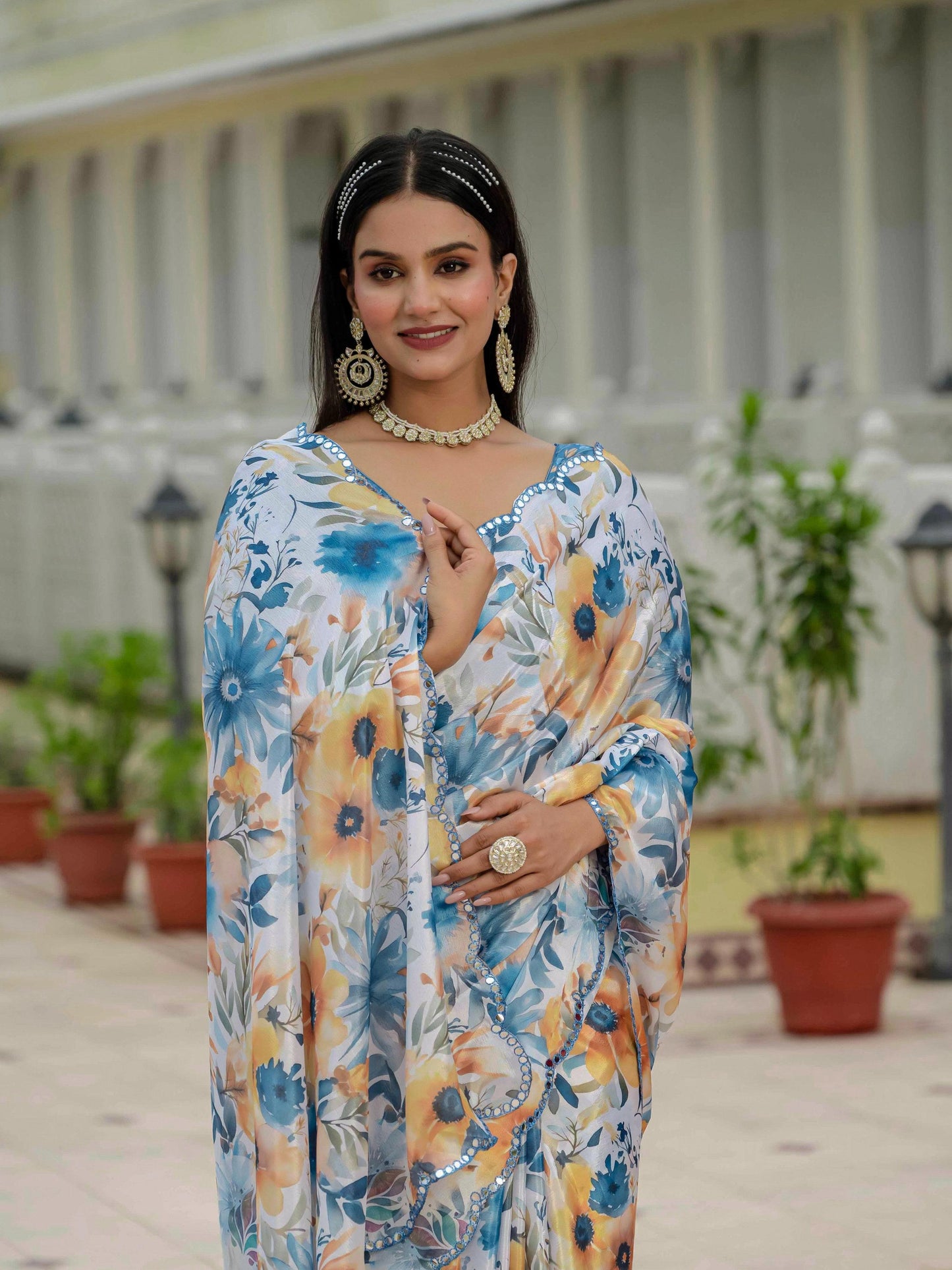 Jyoti Fashion Women's Multicolor Chinon Digital Print with Mirror Saree with Blouse | Swadesiicart