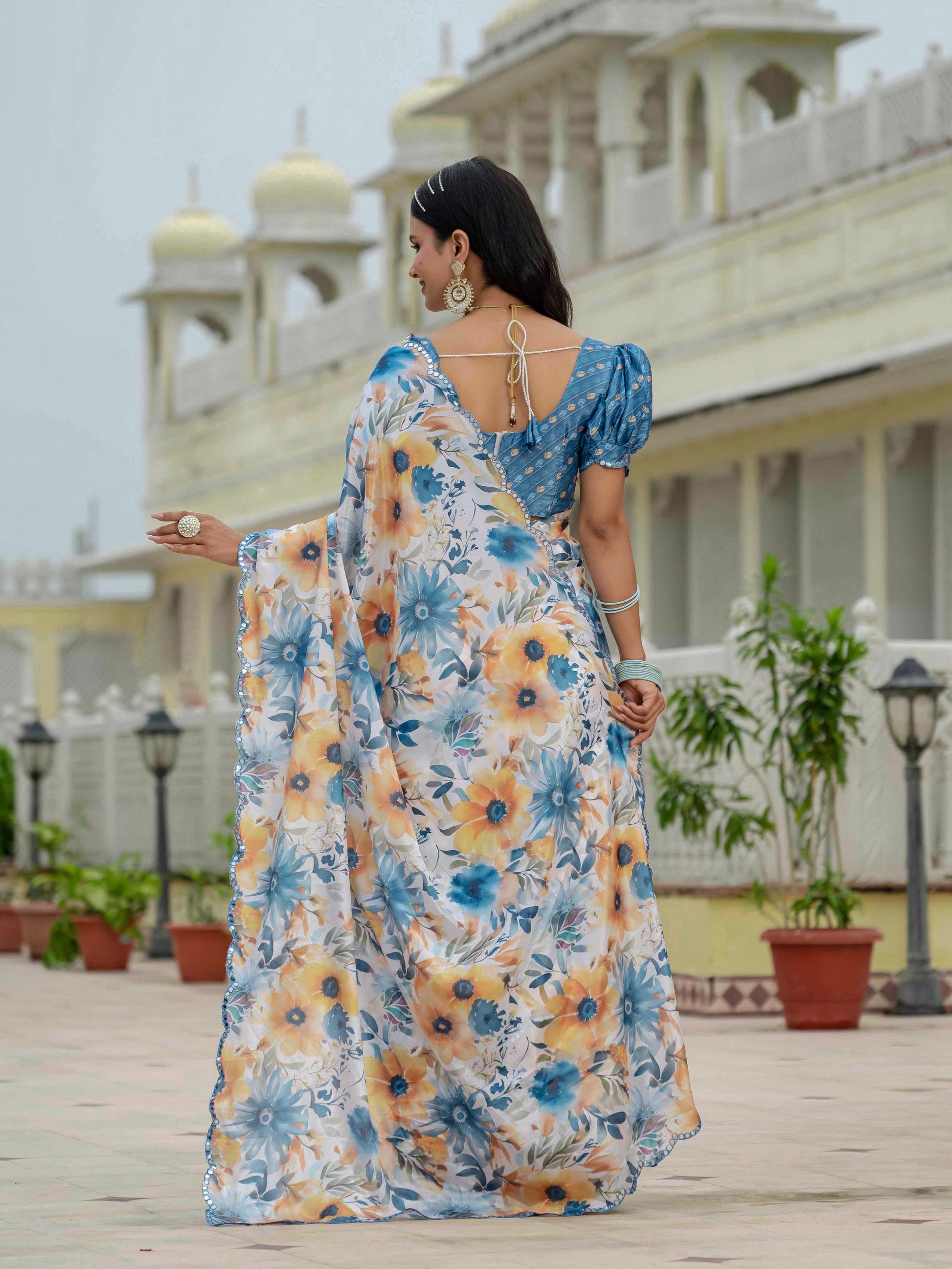 Jyoti Fashion Women's Multicolor Chinon Digital Print with Mirror Saree with Blouse | Swadesiicart