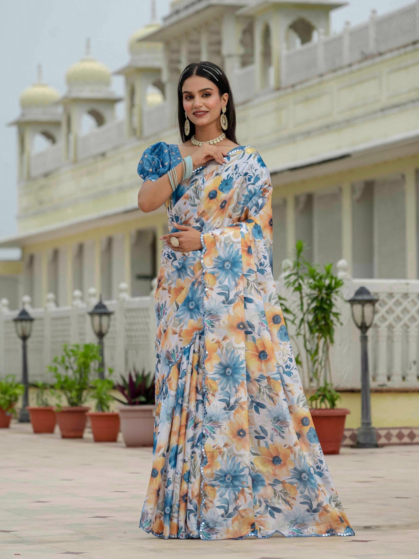 Jyoti Fashion Women's Multicolor Chinon Digital Print with Mirror Saree with Blouse | Swadesiicart