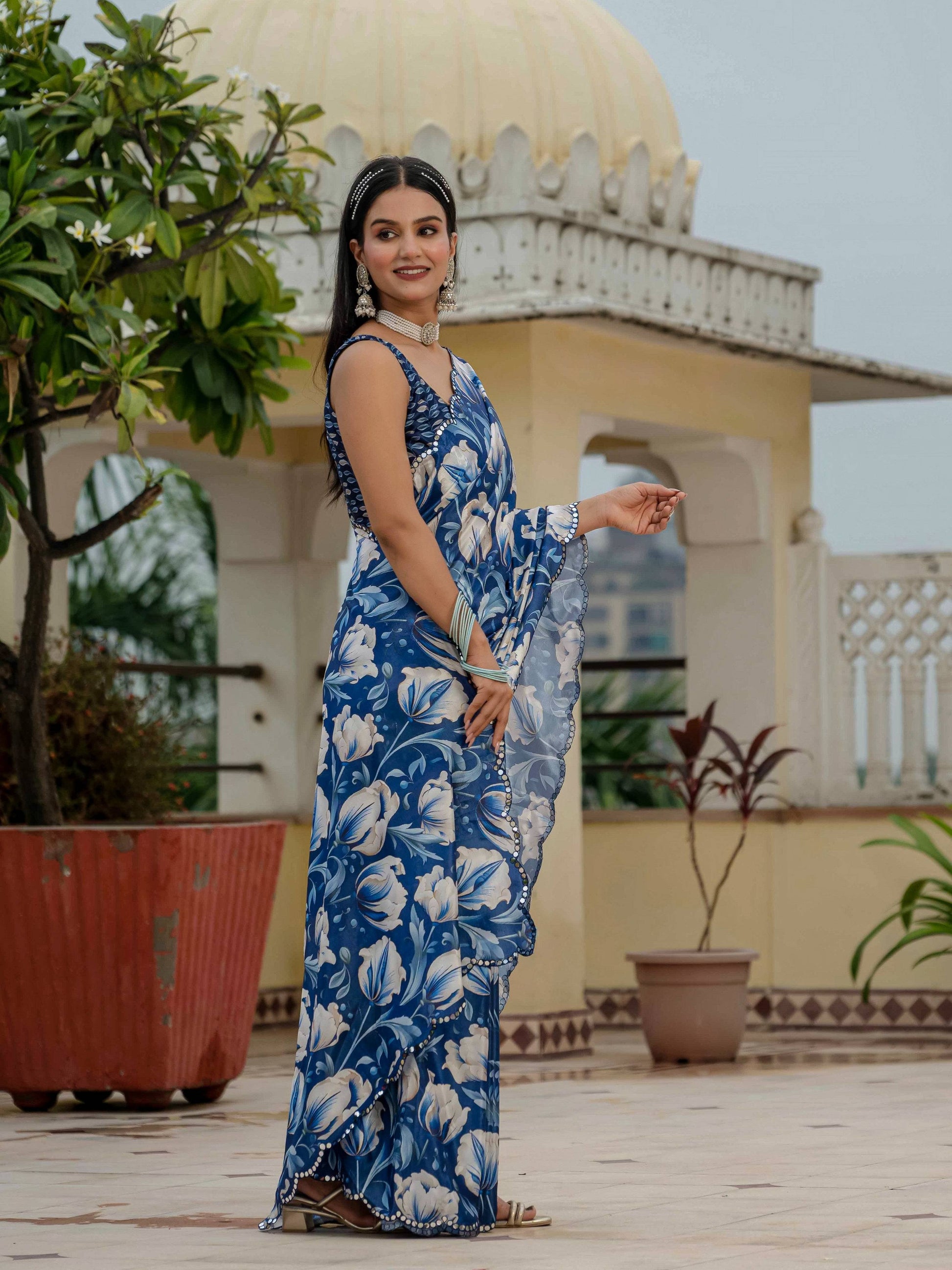 Jyoti Fashion Women's Royal Blue Chinon Digital Print with Mirror Saree with Blouse | Swadesiicart
