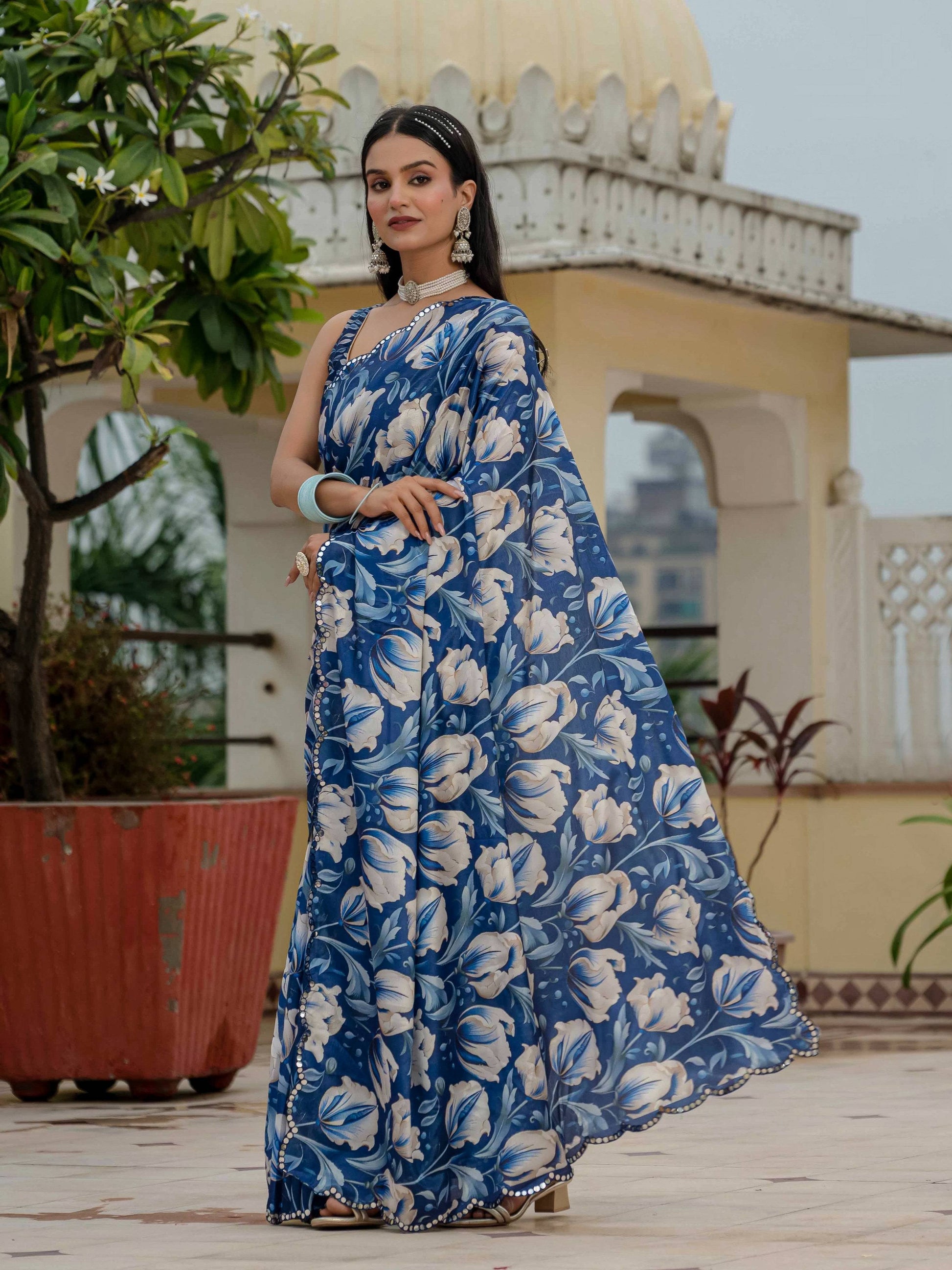 Jyoti Fashion Women's Royal Blue Chinon Digital Print with Mirror Saree with Blouse | Swadesiicart