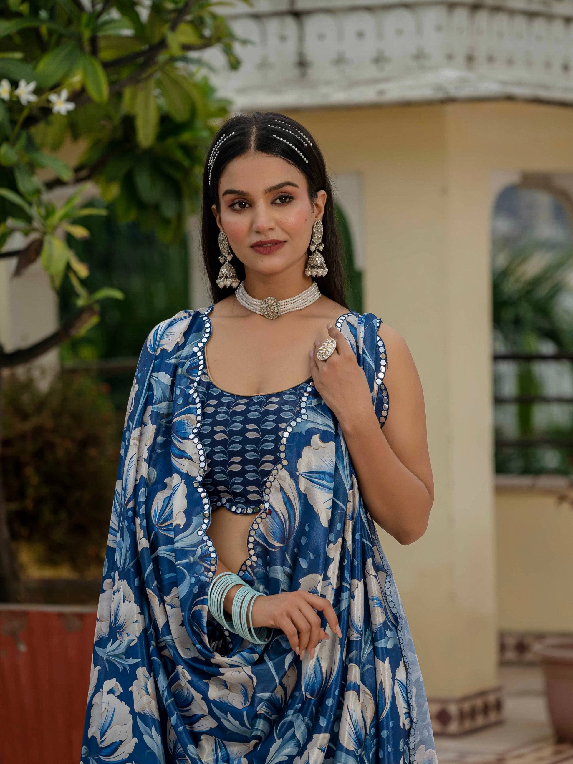 Jyoti Fashion Women's Royal Blue Chinon Digital Print with Mirror Saree with Blouse | Swadesiicart