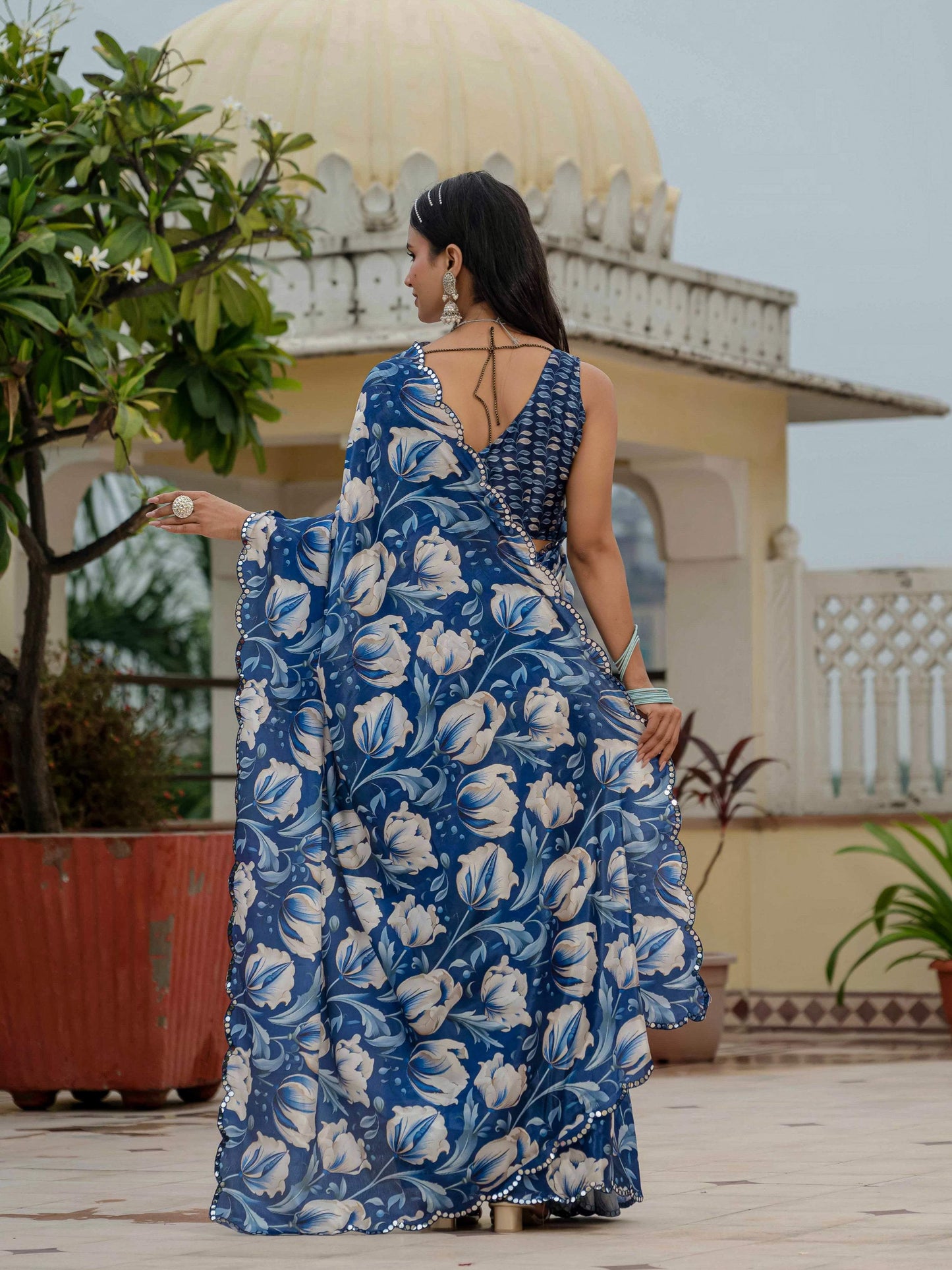 Jyoti Fashion Women's Royal Blue Chinon Digital Print with Mirror Saree with Blouse | Swadesiicart