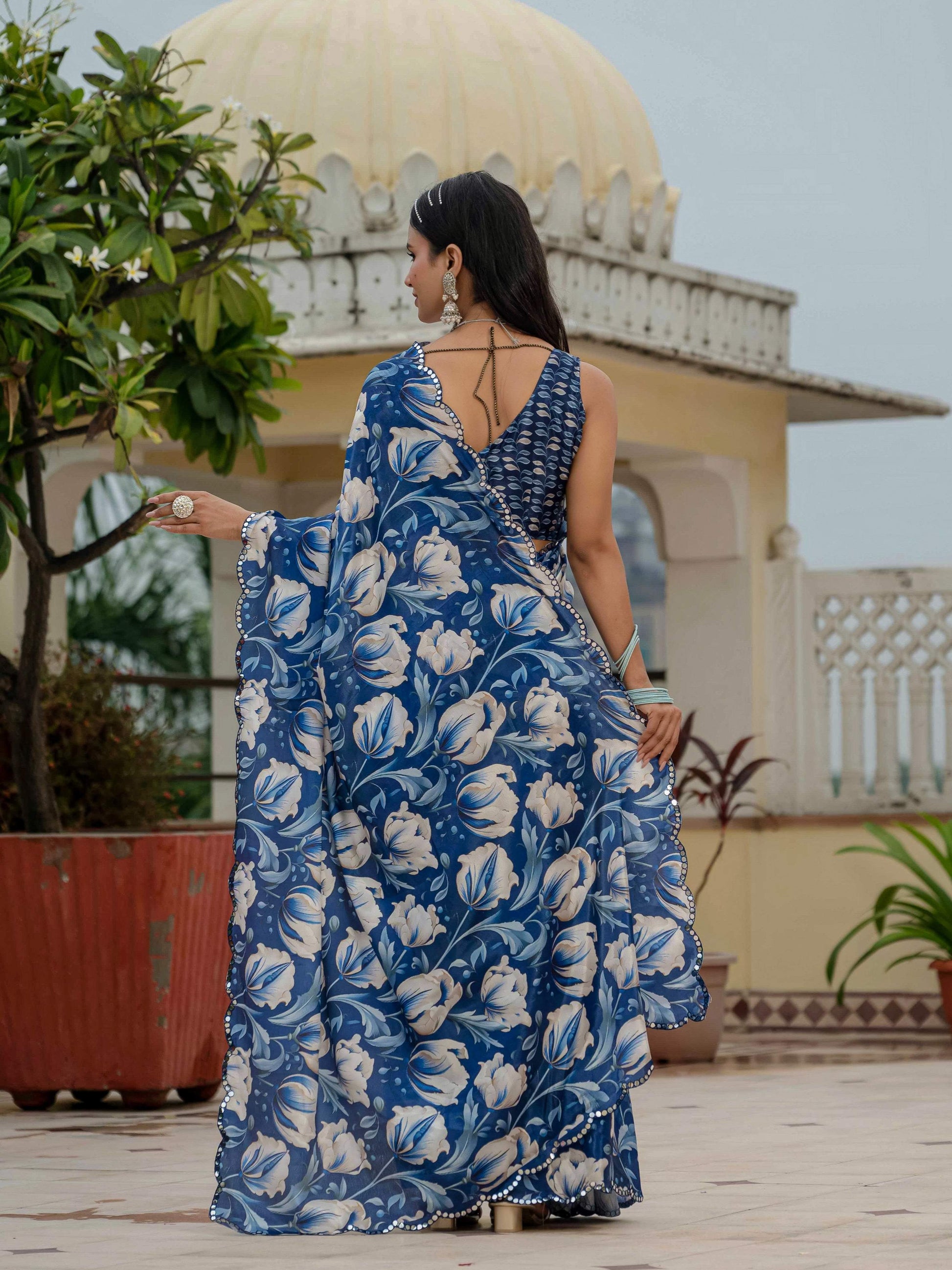 Jyoti Fashion Women's Royal Blue Chinon Digital Print with Mirror Saree with Blouse | Swadesiicart