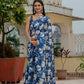 Jyoti Fashion Women's Royal Blue Chinon Digital Print with Mirror Saree with Blouse | Swadesiicart