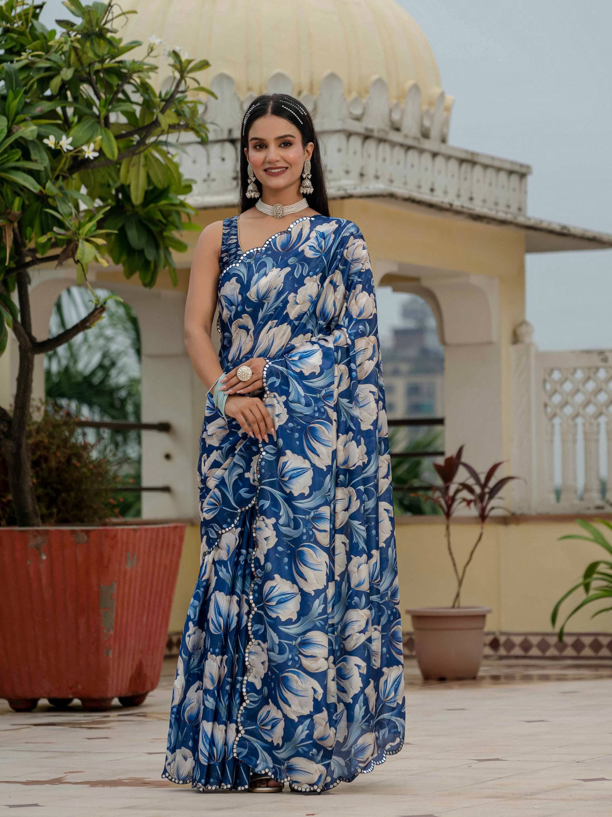 Jyoti Fashion Women's Royal Blue Chinon Digital Print with Mirror Saree with Blouse | Swadesiicart