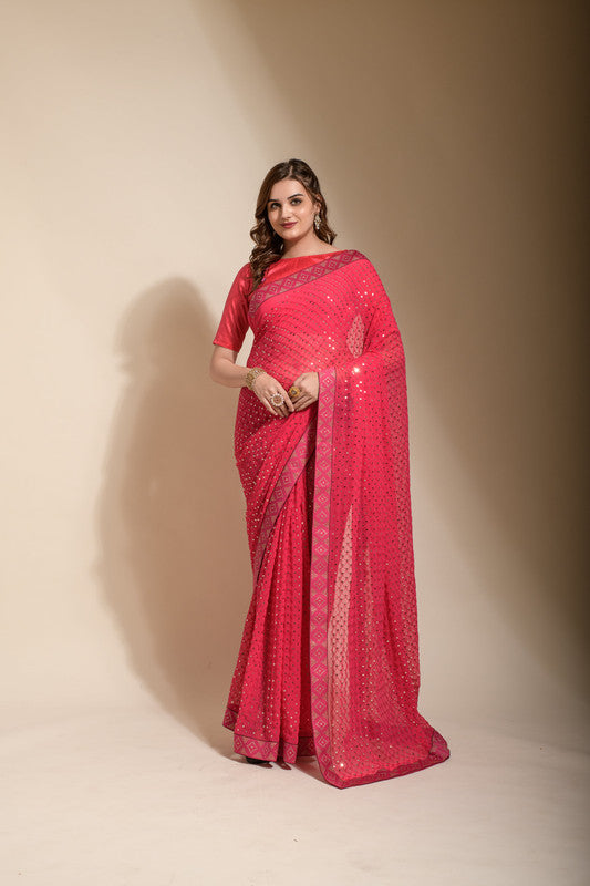Jyoti Fashion Women's Pink Sequence Embroidery Georgette Saree with Blouse | Swadesiicart