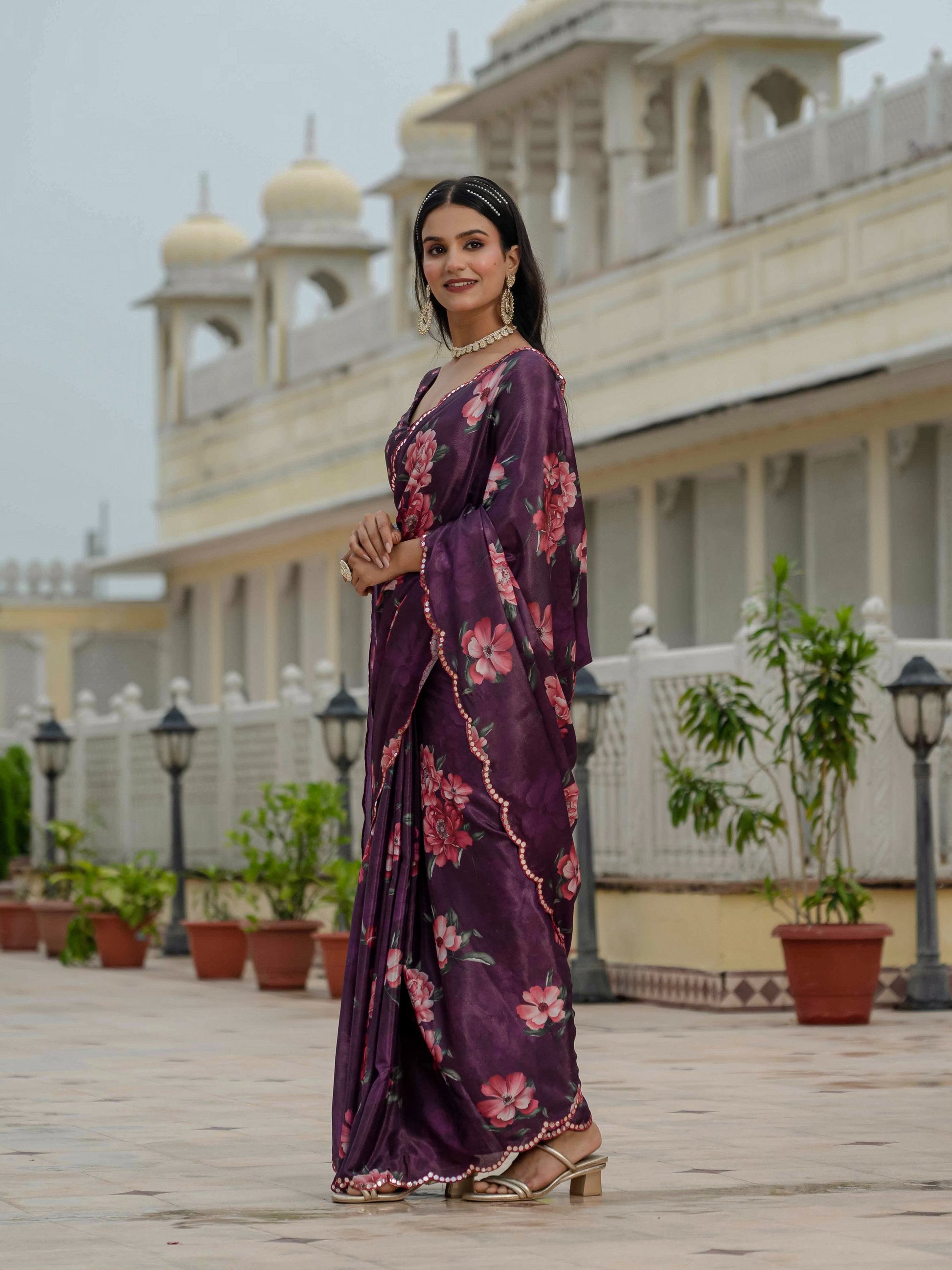 Jyoti Fashion Women's Wine Chinon Digital Print with Mirror Saree with Blouse | Swadesiicart