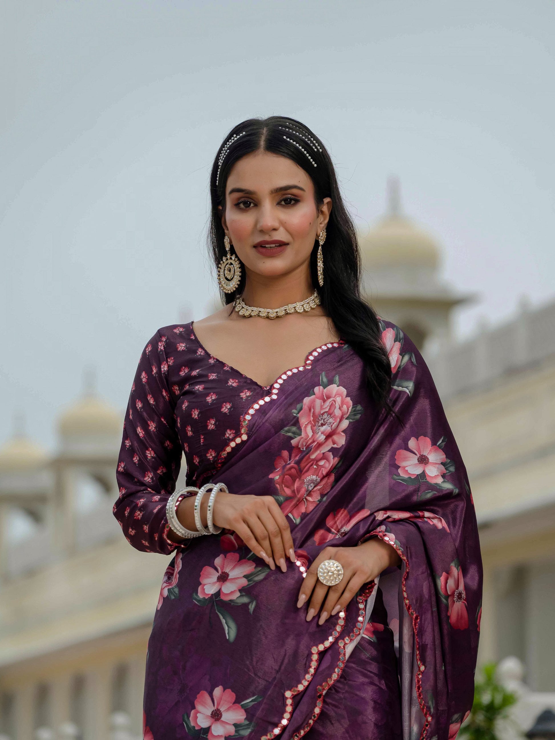 Jyoti Fashion Women's Wine Chinon Digital Print with Mirror Saree with Blouse | Swadesiicart
