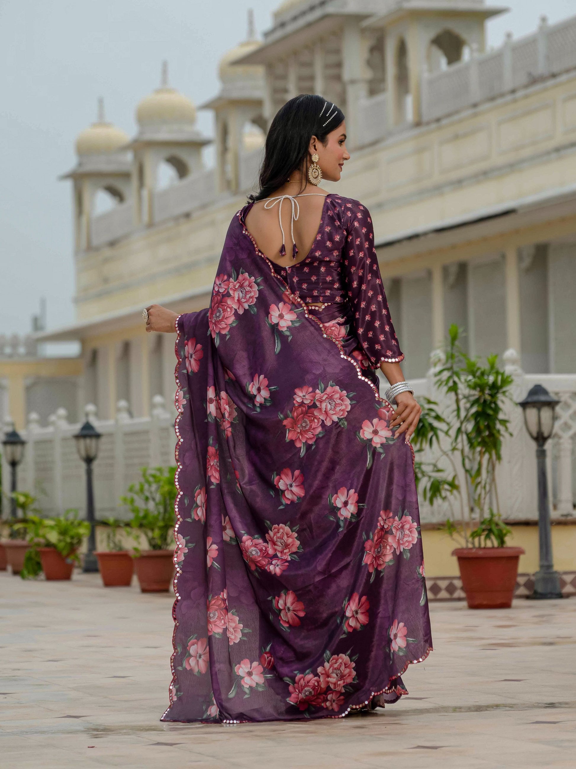 Jyoti Fashion Women's Wine Chinon Digital Print with Mirror Saree with Blouse | Swadesiicart