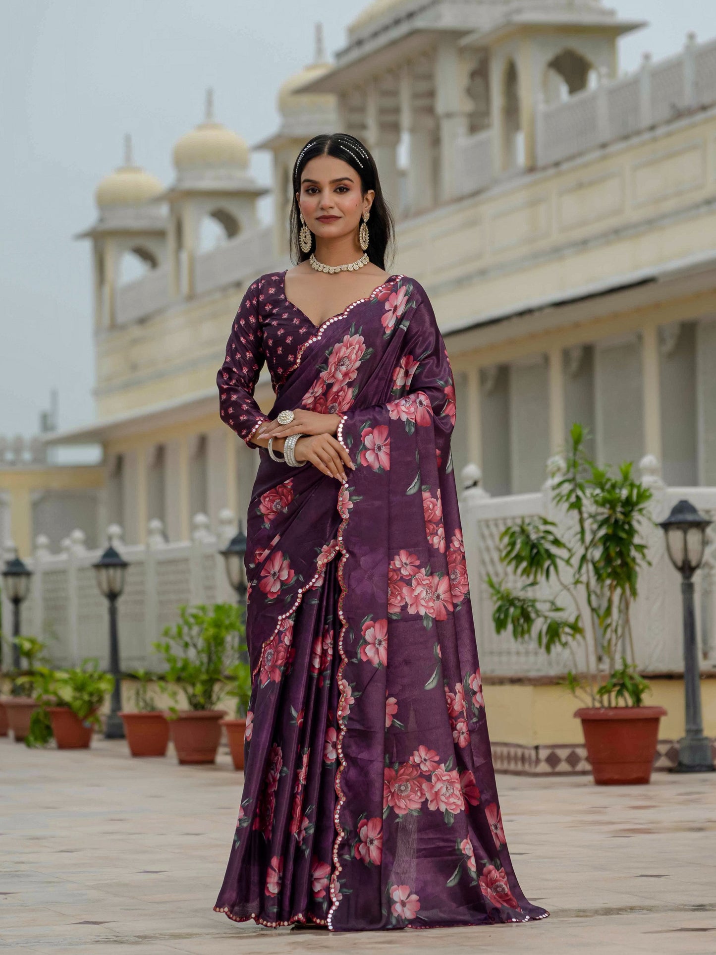 Jyoti Fashion Women's Wine Chinon Digital Print with Mirror Saree with Blouse | Swadesiicart