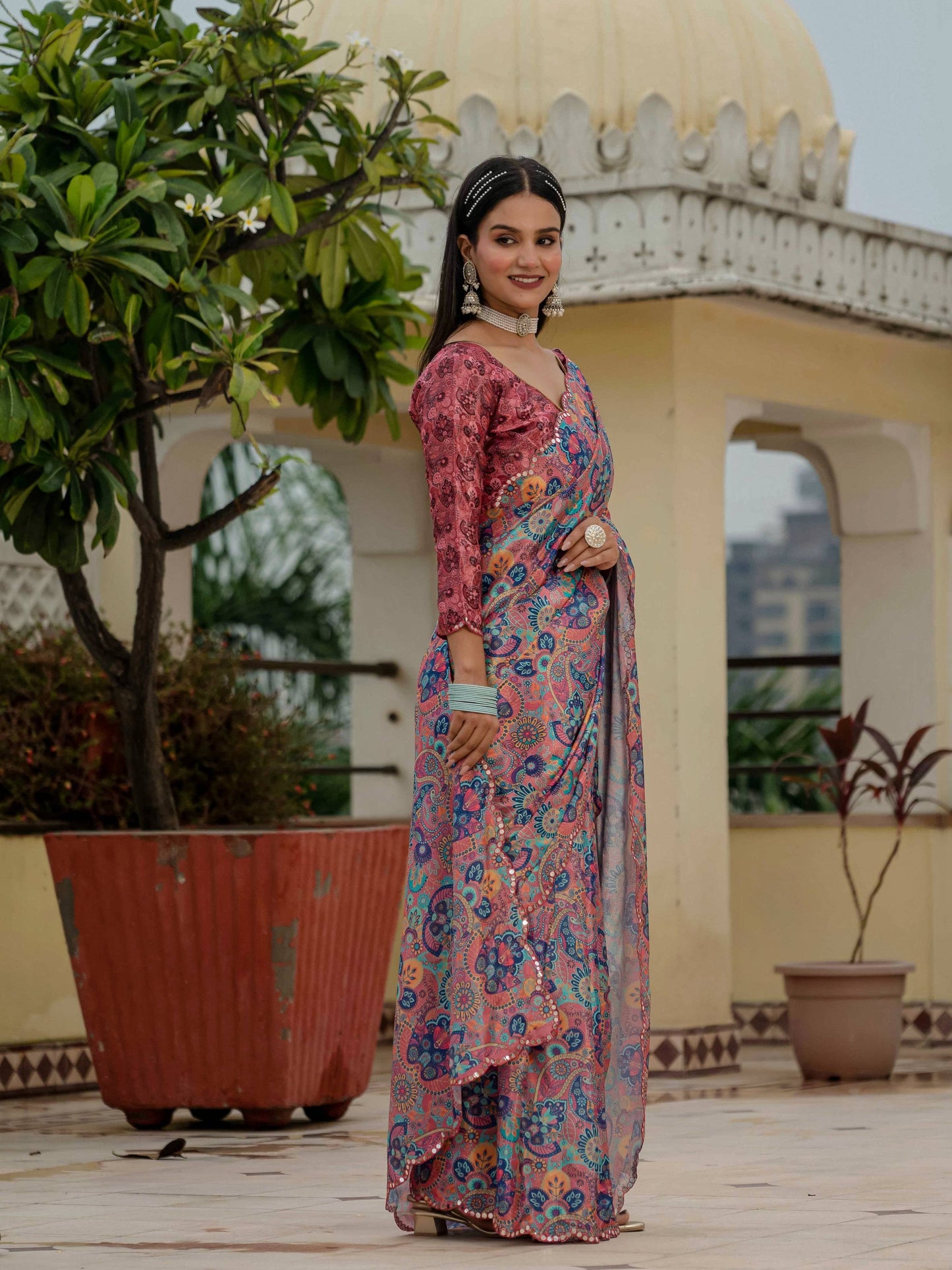 Jyoti Fashion Women's Multicolor Chinon Digital Print with Mirror Saree with Blouse | Swadesiicart