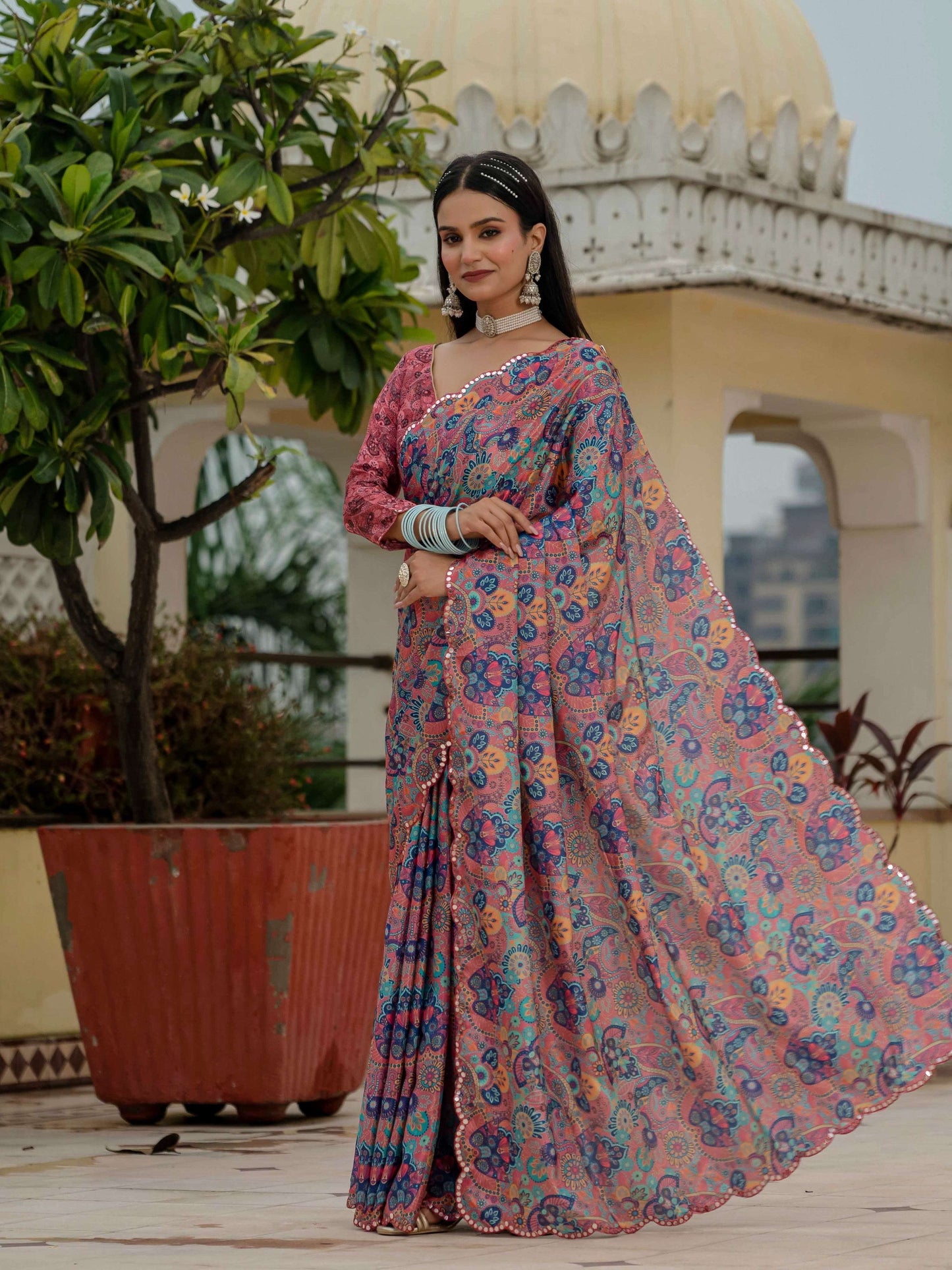 Jyoti Fashion Women's Multicolor Chinon Digital Print with Mirror Saree with Blouse | Swadesiicart